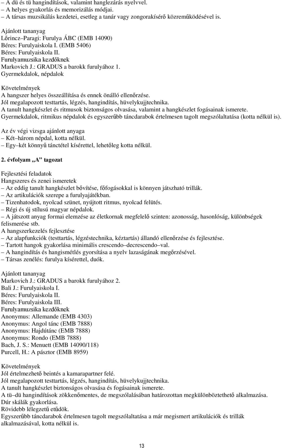 Gyermekdalok, népdalok ek A hangszer helyes összeállítása és ennek önálló ellenőrzése. Jól megalapozott testtartás, légzés, hangindítás, hüvelykujjtechnika.