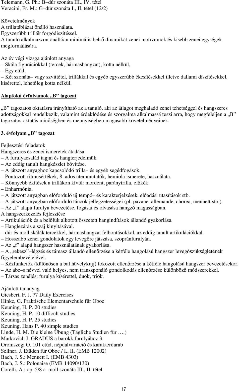 Skála figurációkkal (tercek, hármashangzat), kotta nélkül, Egy etűd, Két szonáta vagy szvittétel, trillákkal és egyéb egyszerűbb ékesítésekkel illetve dallami díszítésekkel, kísérettel, lehetőleg