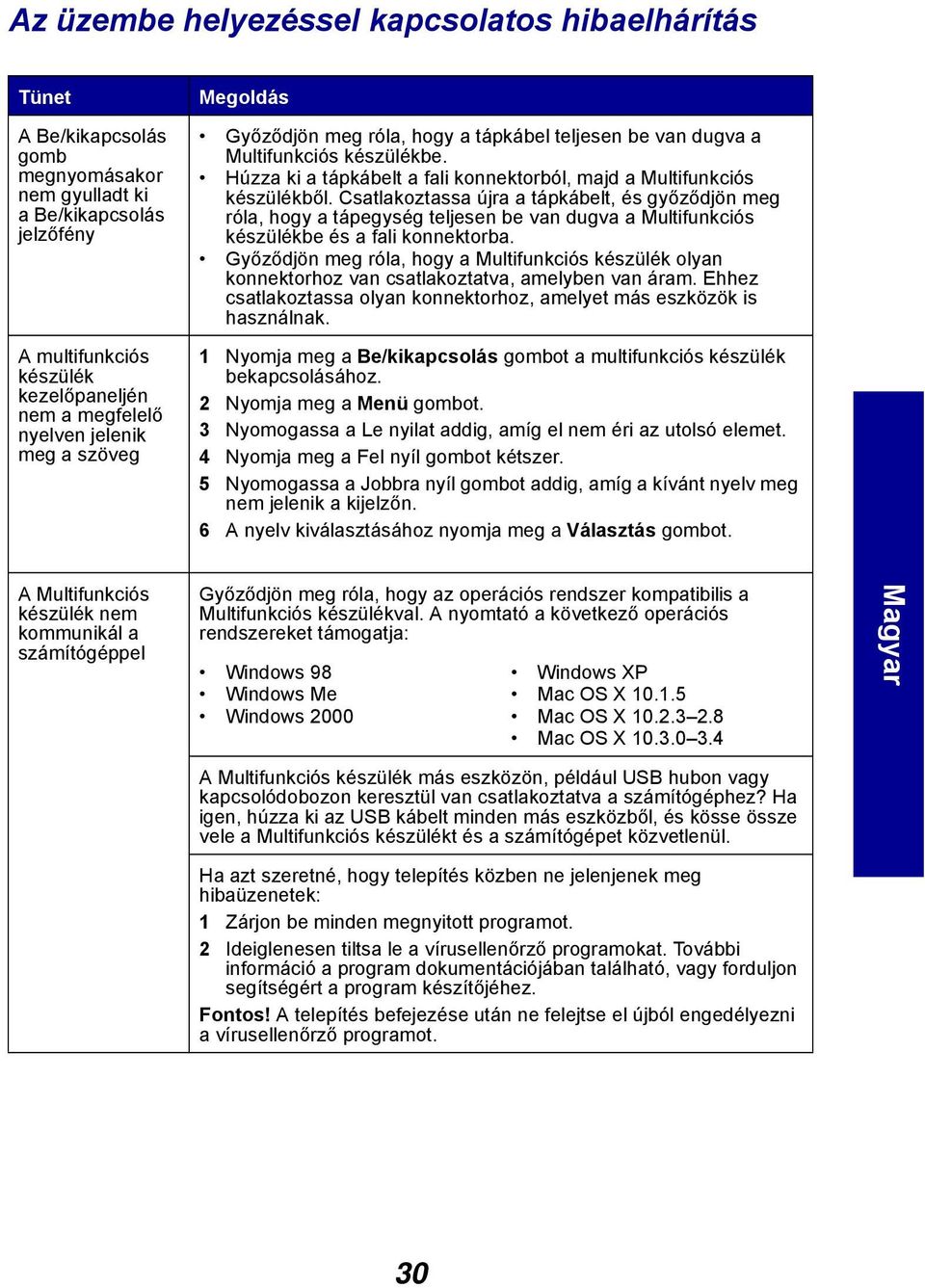 Csatlakoztassa újra a tápkábelt, és győződjön meg róla, hogy a tápegység teljesen be van dugva a Multifunkciós készülékbe és a fali konnektorba.