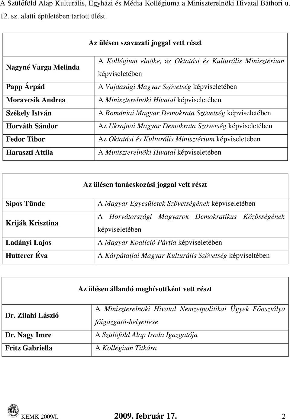 Minisztérium képviseletében A Vajdasági Magyar Szövetség képviseletében A Miniszterelnöki Hivatal képviseletében A Romániai Magyar Demokrata Szövetség képviseletében Az Ukrajnai Magyar Demokrata