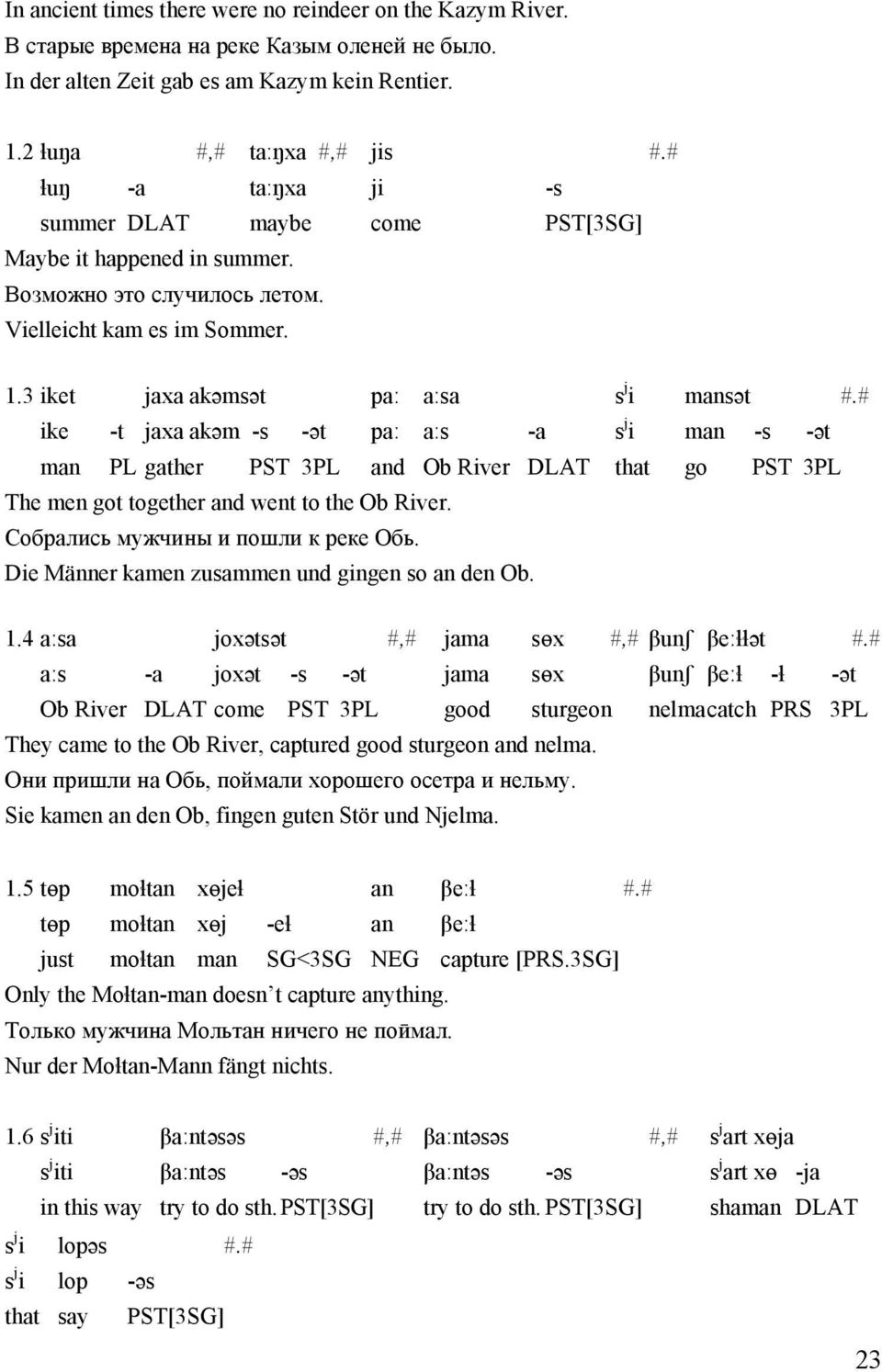 # ike -t jaхa akǝm -s -ǝt paː aːs -a s j i man -s -ǝt man PL gather PST 3PL and Ob River DLAT that go PST 3PL The men got together and went to the Ob River. Coбрались мужчины и пошли к реке Обь.