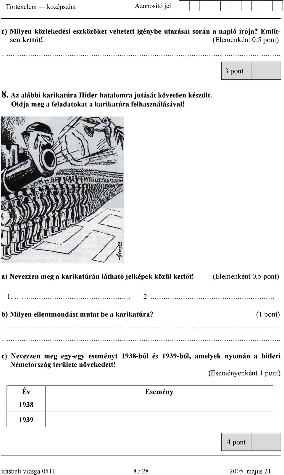 a) Nevezzen meg a karikatúrán látható jelképek közül kettőt! (Elemenként 0,5 pont) 1.... 2.... b) Milyen ellentmondást mutat be a karikatúra? (1 pont).