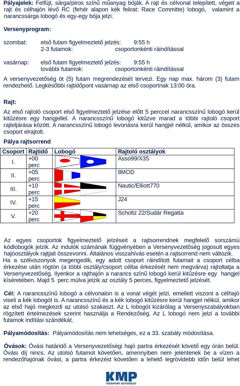 Versenyprogram: szombat: első futam figyelmeztető jelzés: 9:55 h 2-3 futamok: csoportonkénti ráindítással vasárnap: első futam figyelmeztető jelzés: 9:55 h további futamok: csoportonkénti