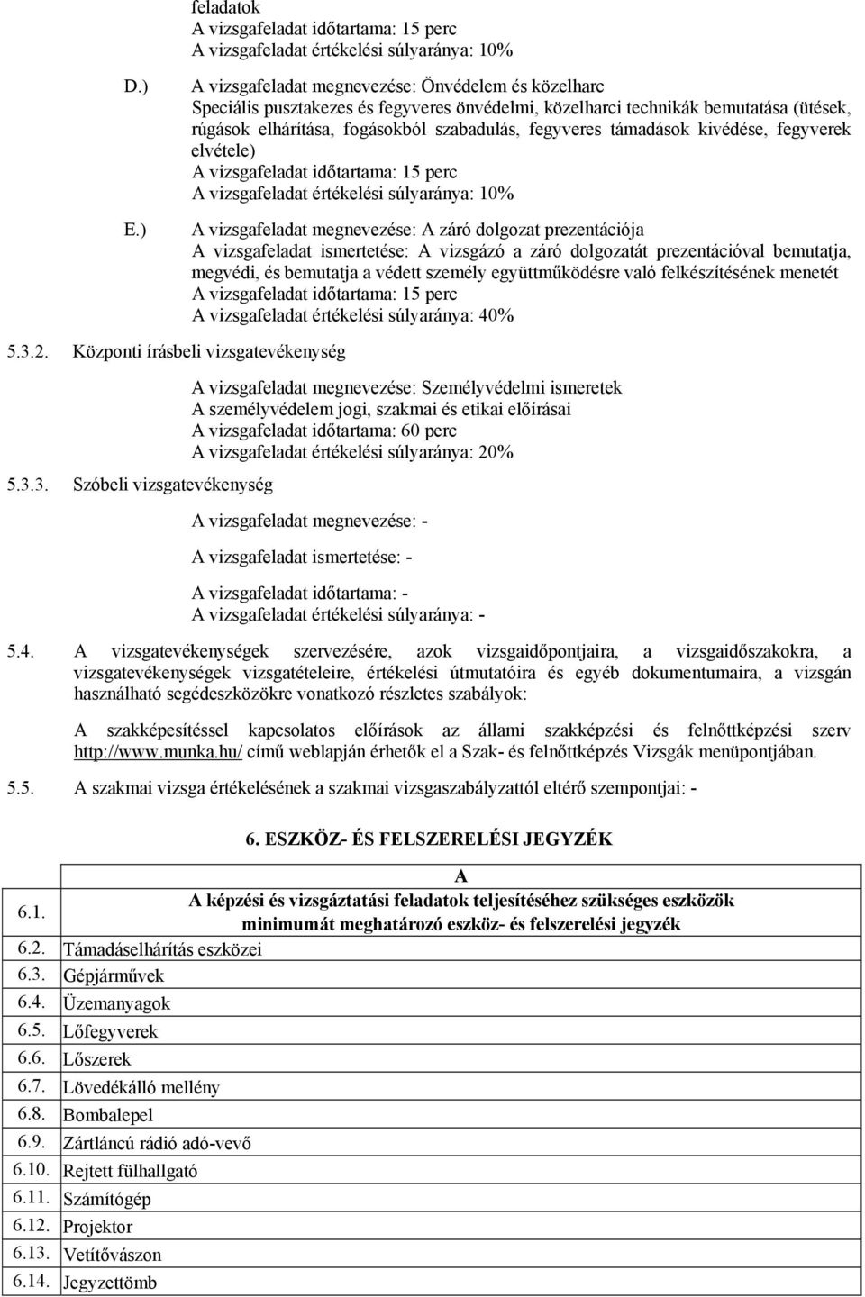 támadások kivédése, fegyverek elvétele) A vizsgafeladat megnevezése: A záró dolgozat prezentációja A vizsgafeladat ismertetése: A vizsgázó a záró dolgozatát prezentációval bemutatja, megvédi, és