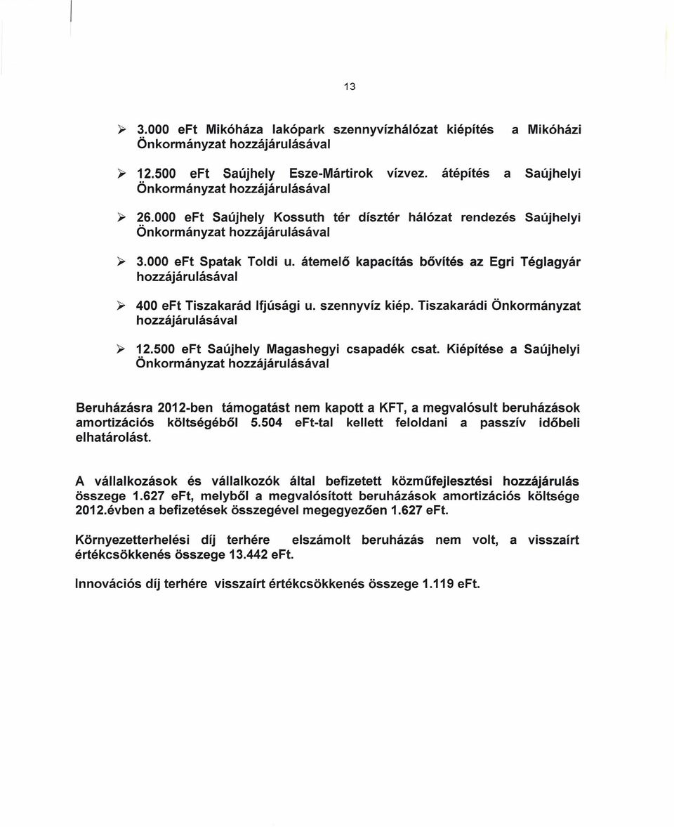 átemelő kapacítás bővítés az Egri Téglagyár hozzájárulásával ~ 400 eft Tiszakarád Ifjúsági u. szennyvíz kiép. Tiszakarádi Önkormányzat hozzájárulásával ~ 12.500 eft Saújhely Magashegyi csapadék csat.