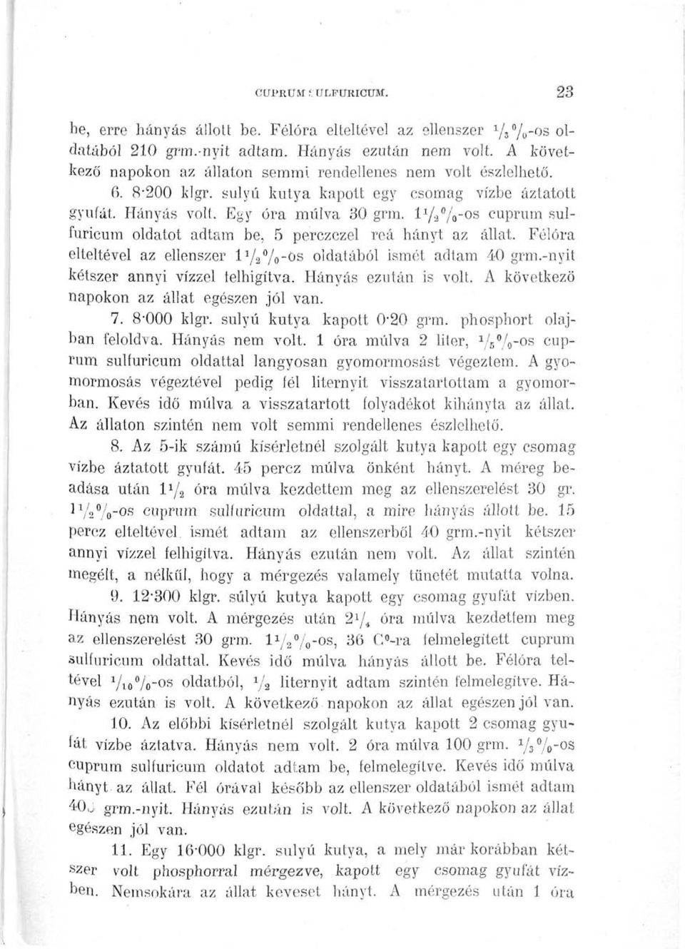 1^3%-os cuprum sulfuricum oldatot adtam be, 5 perczczel reá hányt az állat. Félóra elteltével az ellenszer l^vo-ös oldatából ismét adtam 40 grm.-nyit kétszer annyi vízzel telhigítva.