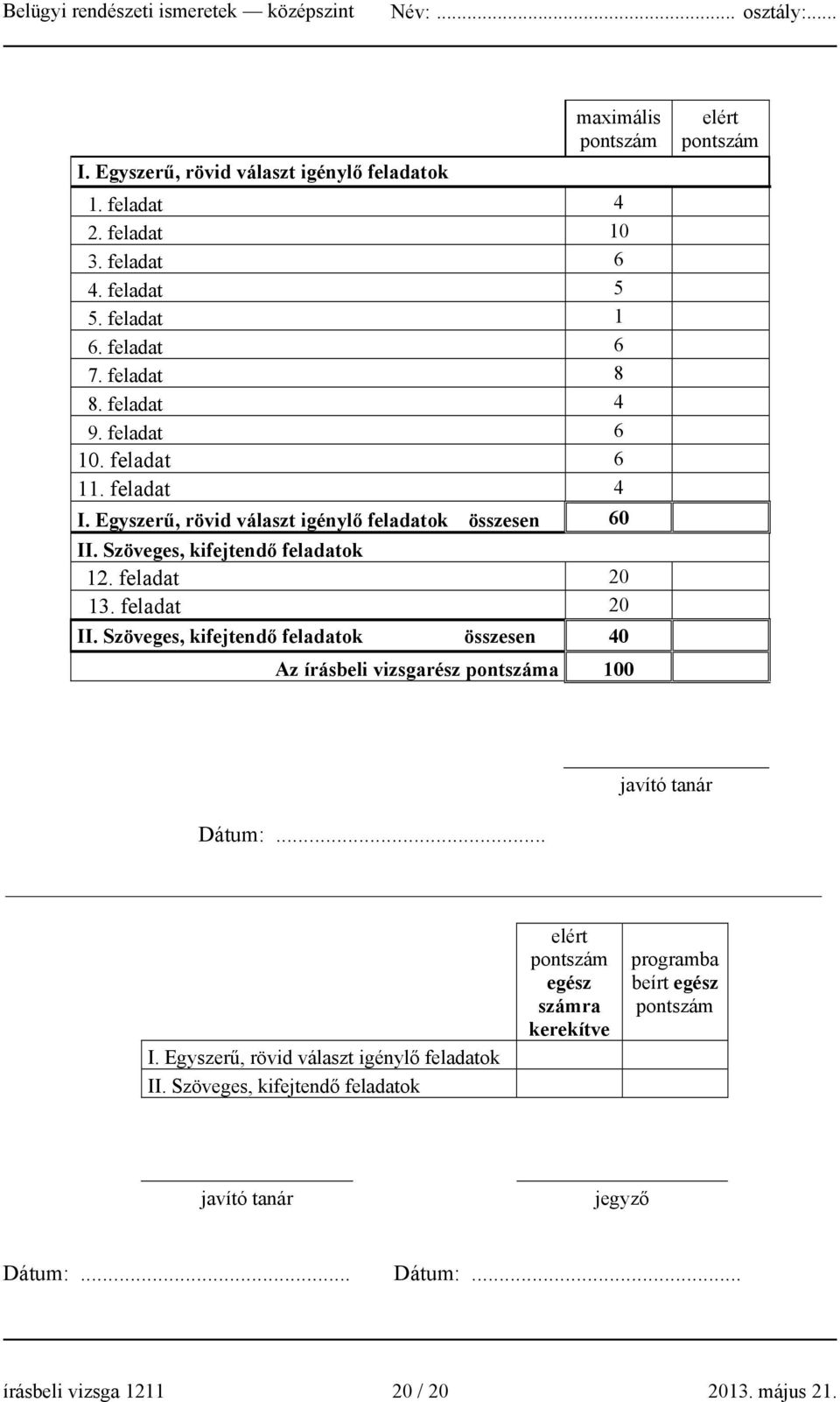 Szöveges, kifejtendő feladatok összesen 40 elért pontszám Az írásbeli vizsgarész pontszáma 100 Dátum:... javító tanár I. Egyszerű, rövid választ igénylő feladatok II.