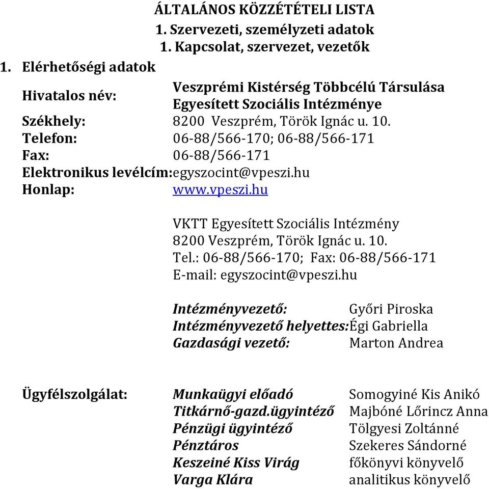 Telefon: 06-88/566-170; 06-88/566-171 Fax: 06-88/566-171 Elektronikus levélcím: egyszocint@vpeszi.hu Honlap: www.vpeszi.hu VKTT Egyesített Szociális Intézmény 8200 Veszprém, Török Ignác u. 10. Tel.