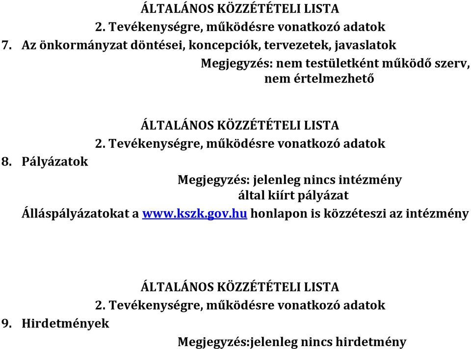 értelmezhető 2. Tevékenységre, működésre vonatkozó adatok 8.