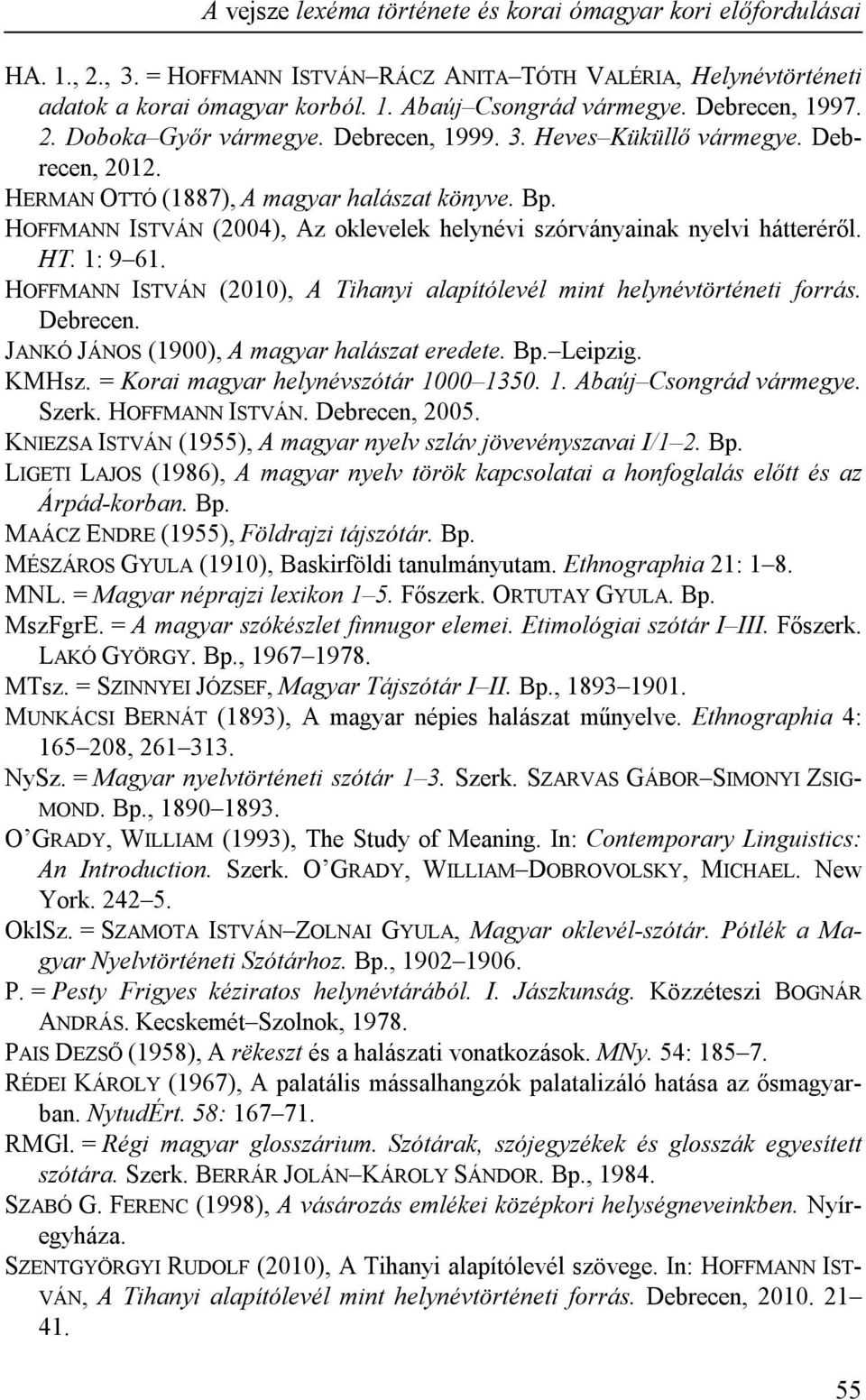 HOFFMANN ISTVÁN (2004), Az oklevelek helynévi szórványainak nyelvi hátteréről. HT. 1: 9 61. HOFFMANN ISTVÁN (2010), A Tihanyi alapítólevél mint helynévtörténeti forrás. Debrecen.