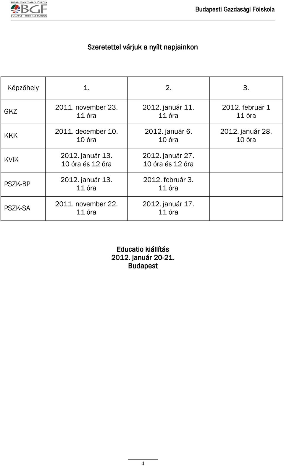 10 óra KVIK 2012. január 13. 10 óra és 12 óra 2012. január 27. 10 óra és 12 óra PSZK-BP 2012. január 13. 11 óra 2012.