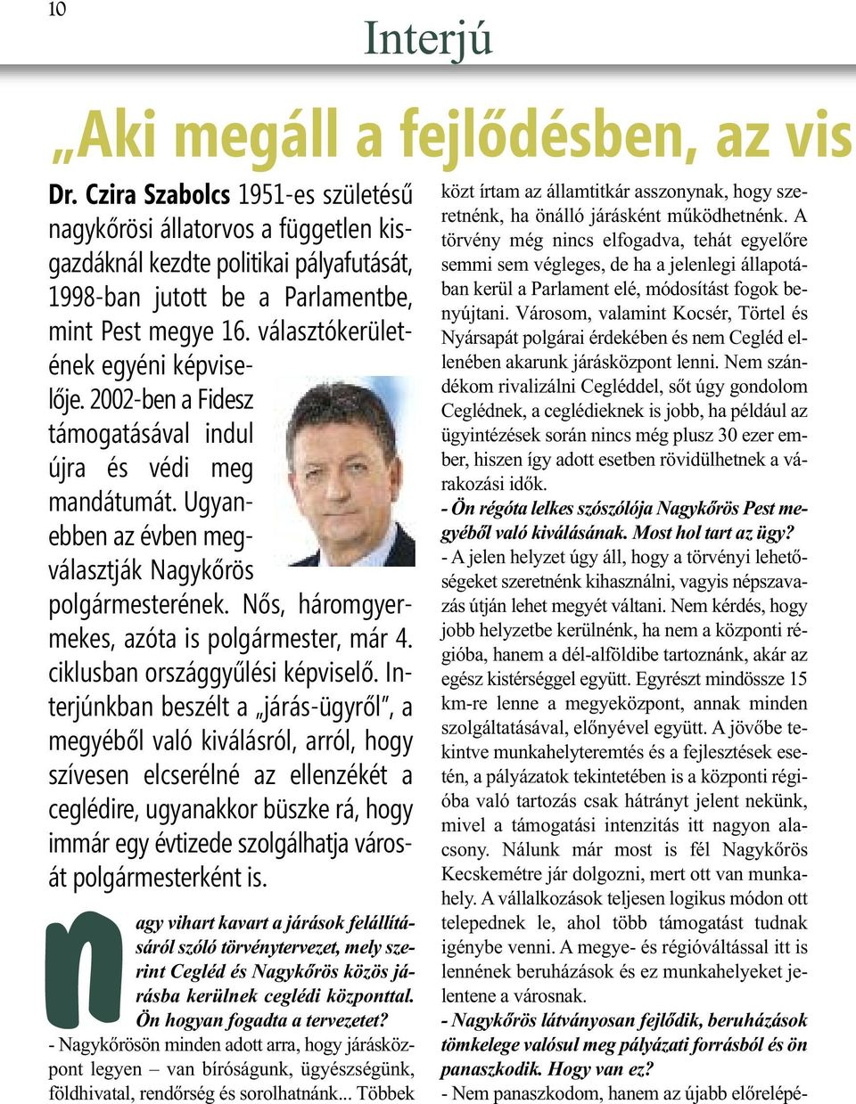 Czira Szabolcs 1951-es születésű nagykőrösi állatorvos a független kisgazdáknál kezdte politikai pályafutását, 1998-ban jutott be a Parlamentbe, mint Pest megye 16.