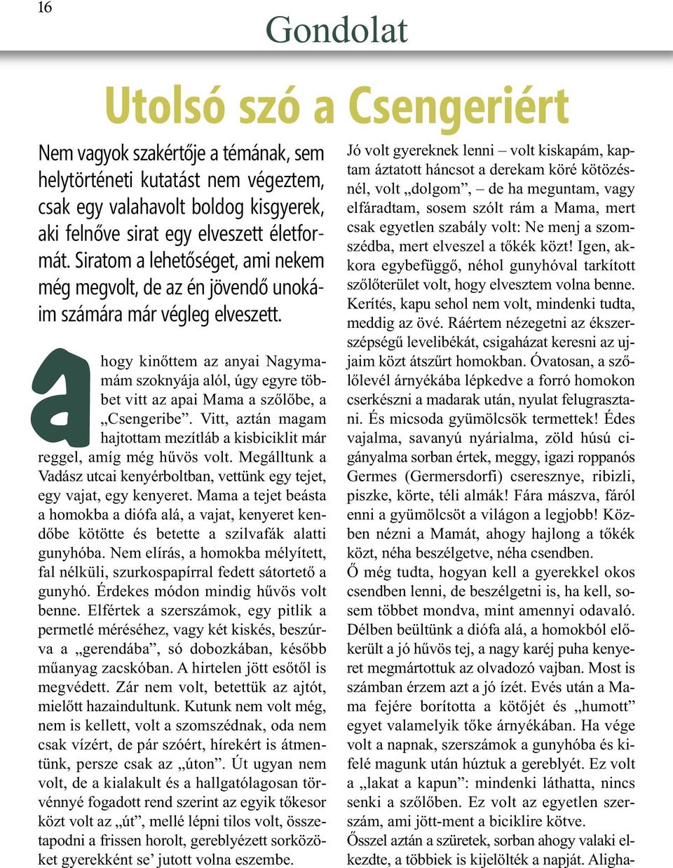 ahogy kinőttem az anyai Nagymamám szoknyája alól, úgy egyre többet vitt az apai Mama a szőlőbe, a Csengeribe. Vitt, aztán magam hajtottam mezítláb a kisbiciklit már reggel, amíg még hűvös volt.