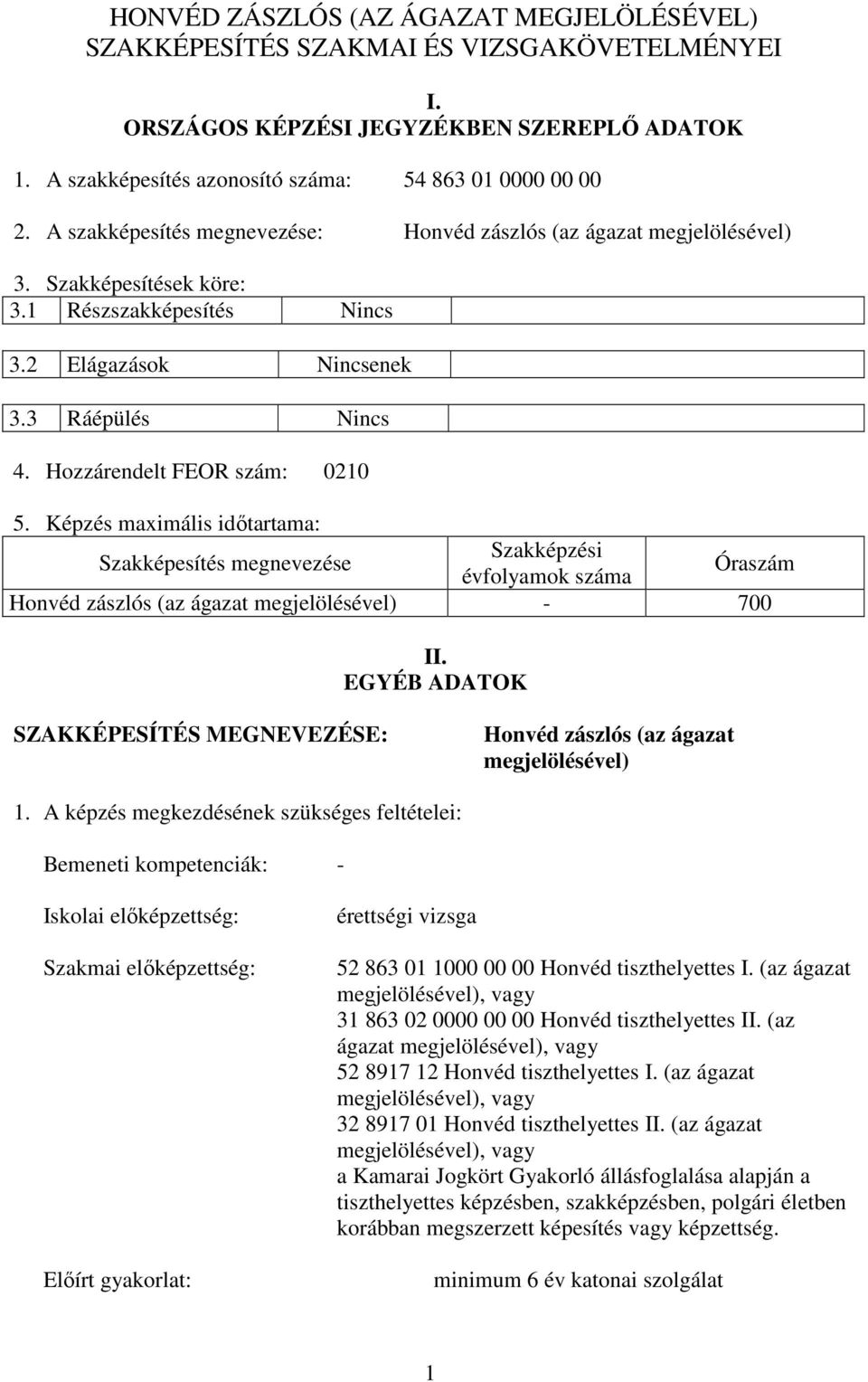 Hozzárendelt FEOR szám: 0210 5. Képzés maximális időtartama: Szakképesítés megnevezése Szakképzési évfolyamok száma Óraszám Honvéd zászlós (az ágazat megjelölésével) - 700 II.