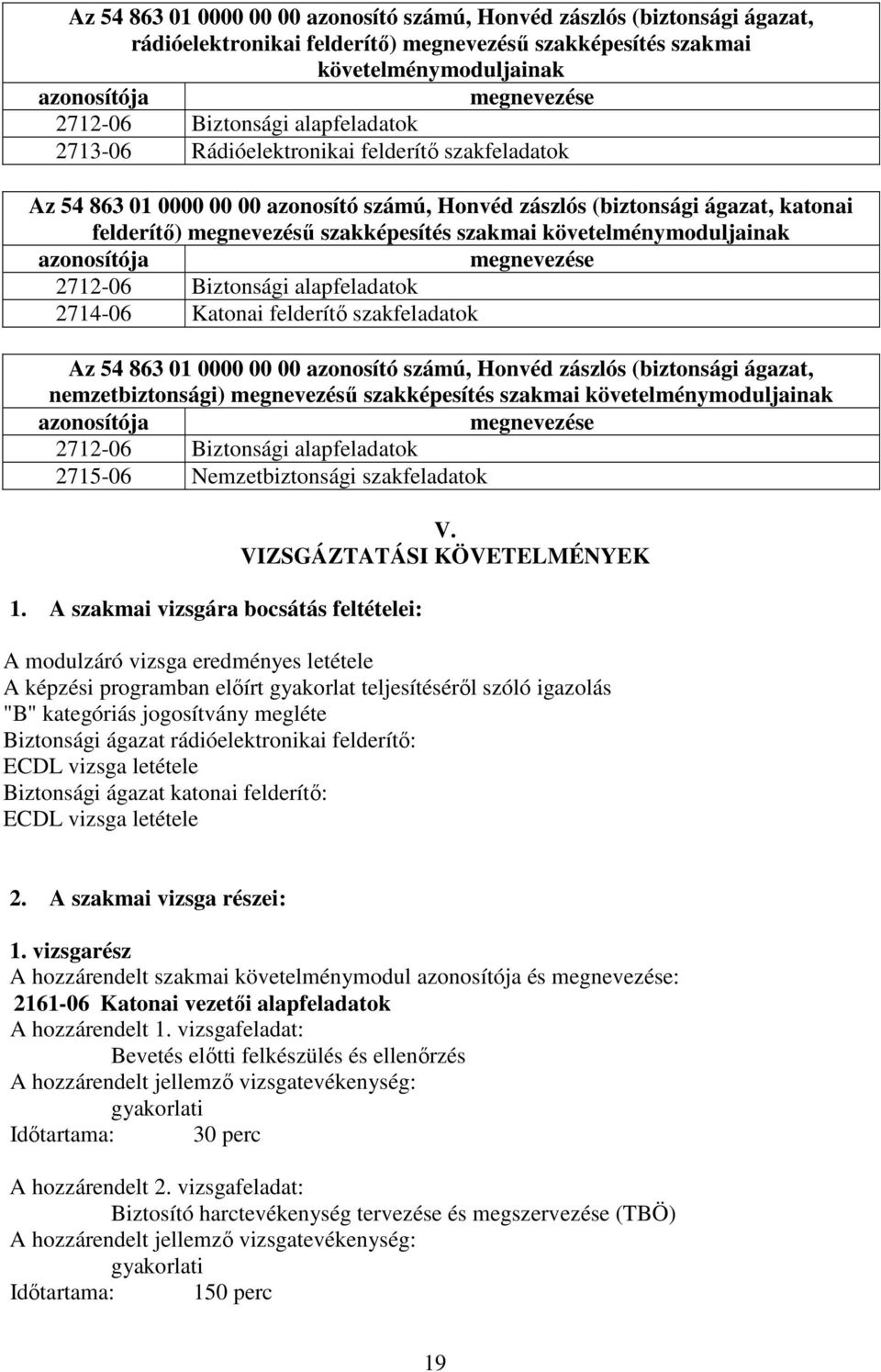 szakmai követelménymoduljainak azonosítója megnevezése 2712-06 Biztonsági alapfeladatok 2714-06 Katonai felderítő szakfeladatok Az 54 863 01 0000 00 00 azonosító számú, Honvéd zászlós (biztonsági