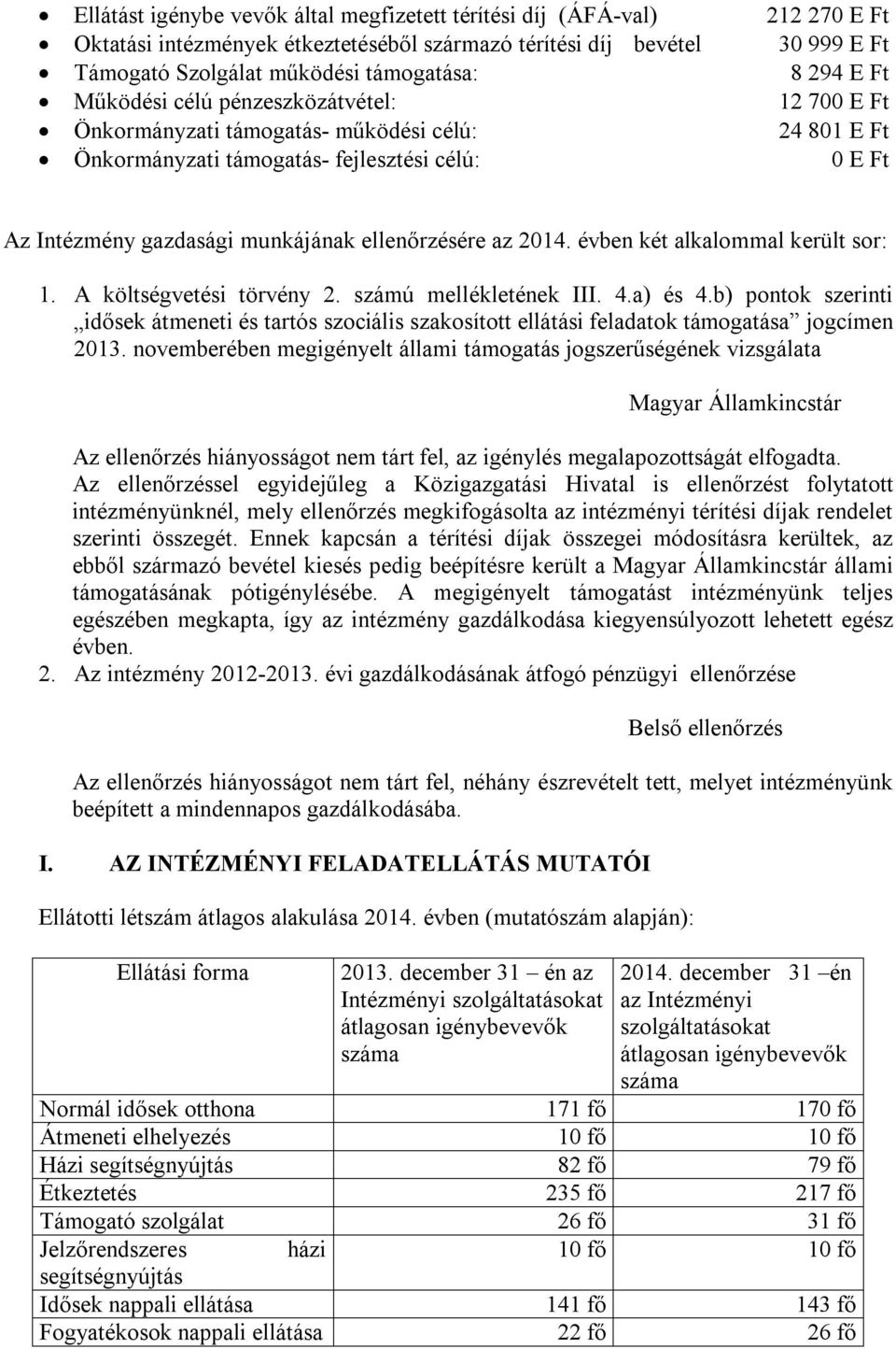 ellenőrzésére az 2014. évben két alkalommal került sor: 1. A költségvetési törvény 2. számú mellékletének III. 4.a) és 4.