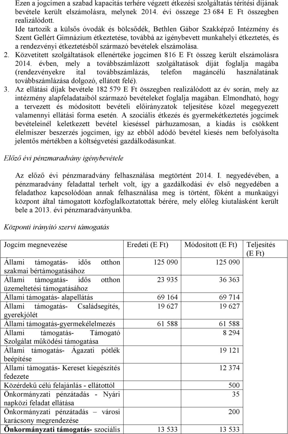 származó bevételek elszámolása. 2. Közvetített szolgáltatások ellenértéke jogcímen 816 E Ft összeg került elszámolásra 2014.
