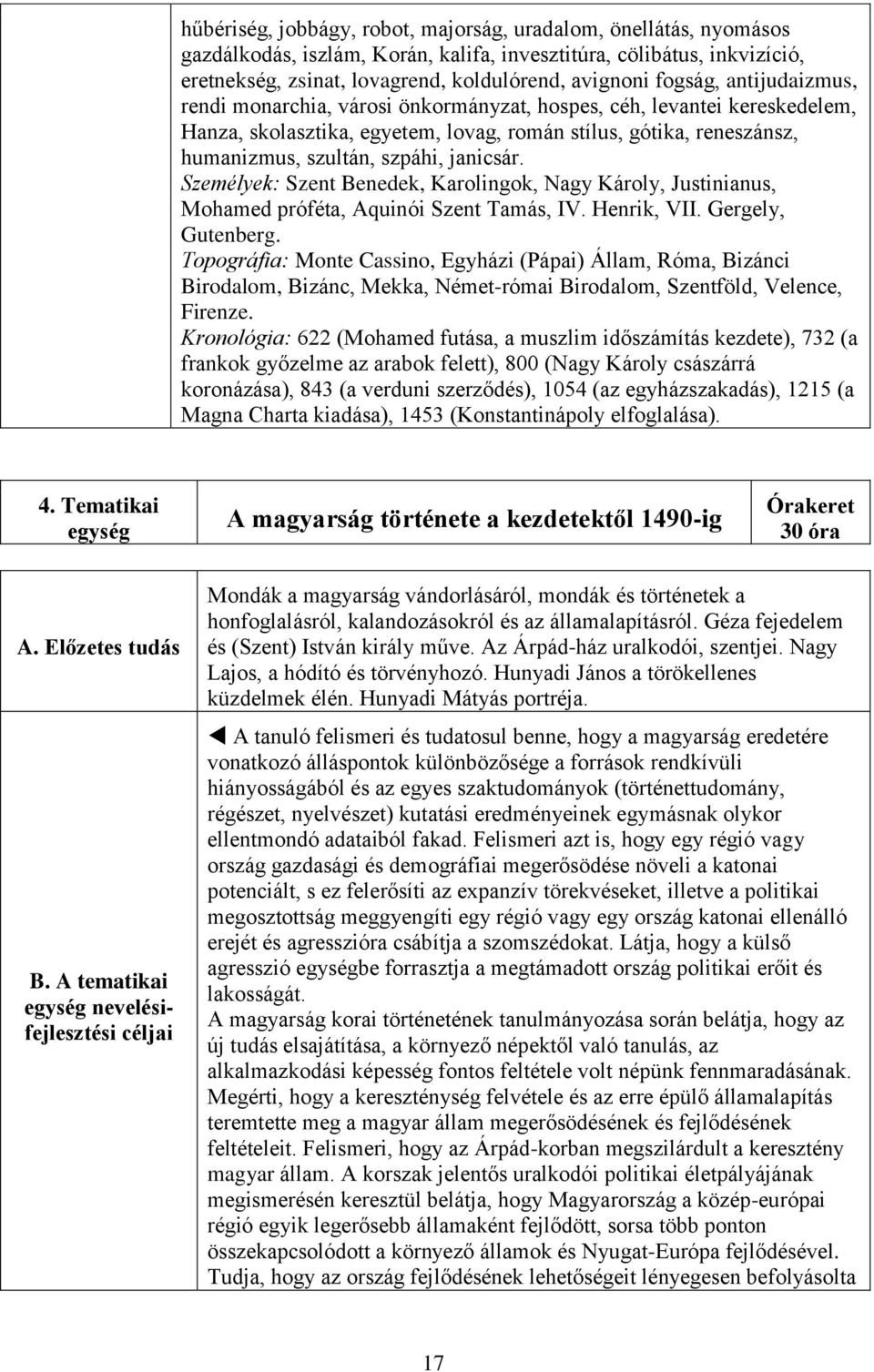 janicsár. Személyek: Szent Benedek, Karolingok, Nagy Károly, Justinianus, Mohamed próféta, Aquinói Szent Tamás, IV. Henrik, VII. Gergely, Gutenberg.