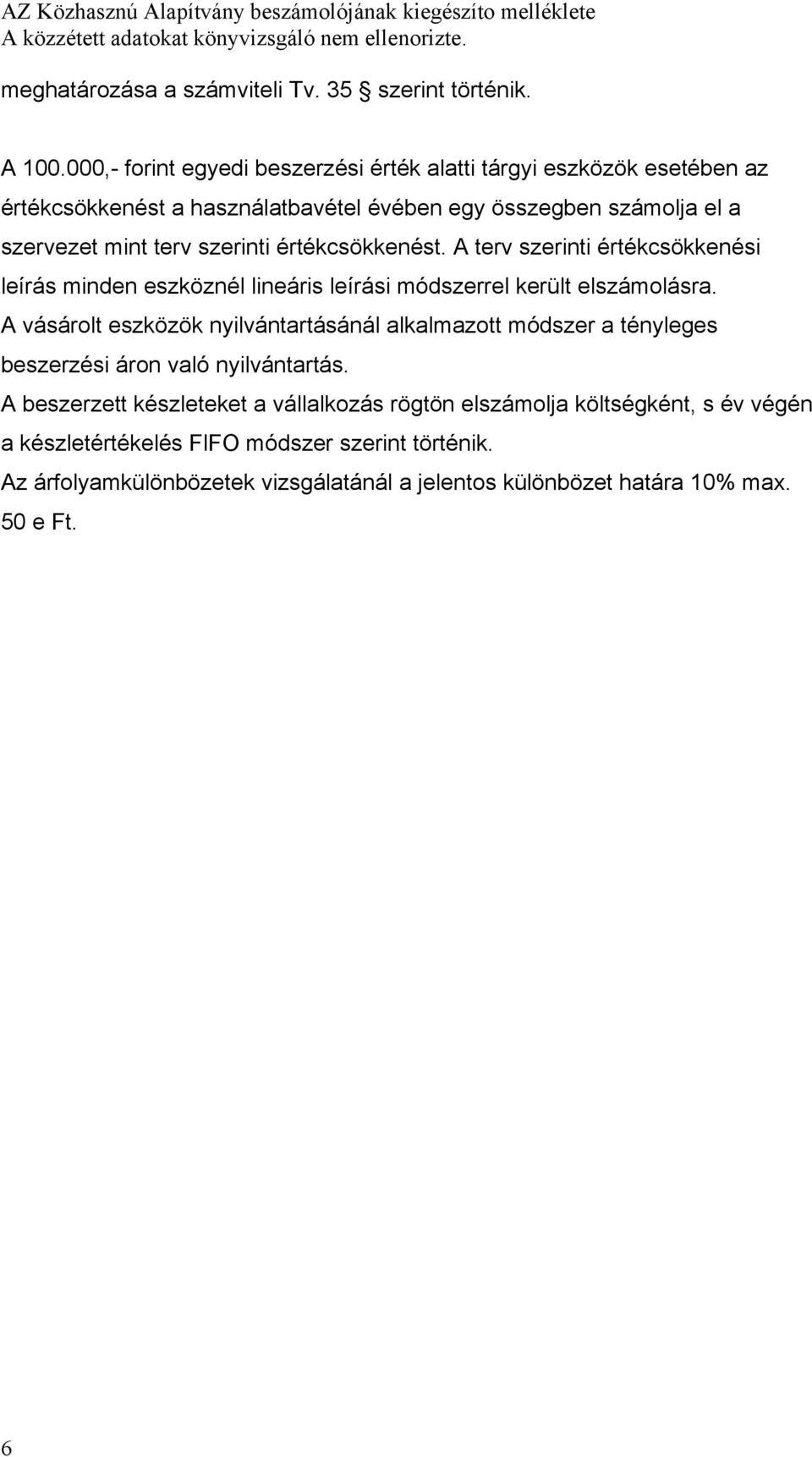 szerinti értékcsökkenést. A terv szerinti értékcsökkenési leírás minden eszköznél lineáris leírási módszerrel került elszámolásra.