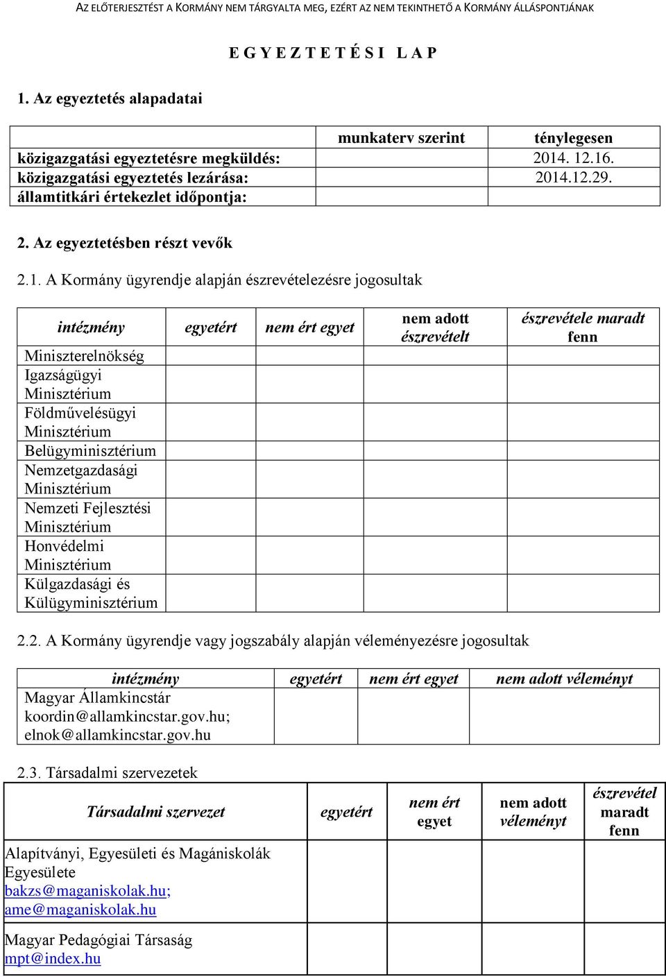A Kormány ügyrendje alapján észrevételezésre jogosultak intézmény egyetért nem ért egyet Miniszterelnökség Igazságügyi Minisztérium Földművelésügyi Minisztérium Belügyminisztérium Nemzetgazdasági