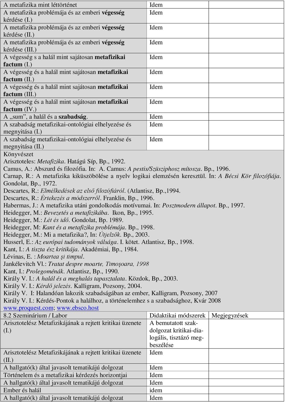 ) A végesség és a halál mint sajátosan metafizikai factum (III.) A végesség és a halál mint sajátosan metafizikai factum (IV.) A sum, a halál és a szabadság.