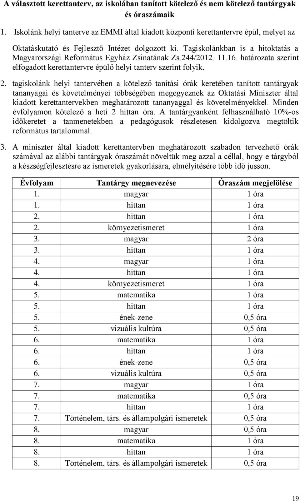 Tagiskolánkban is a hitoktatás a Magyarországi Református Egyház Zsinatának Zs.244/2012. 11.16. határozata szerint elfogadott kerettantervre épülő helyi tanterv szerint folyik. 2.