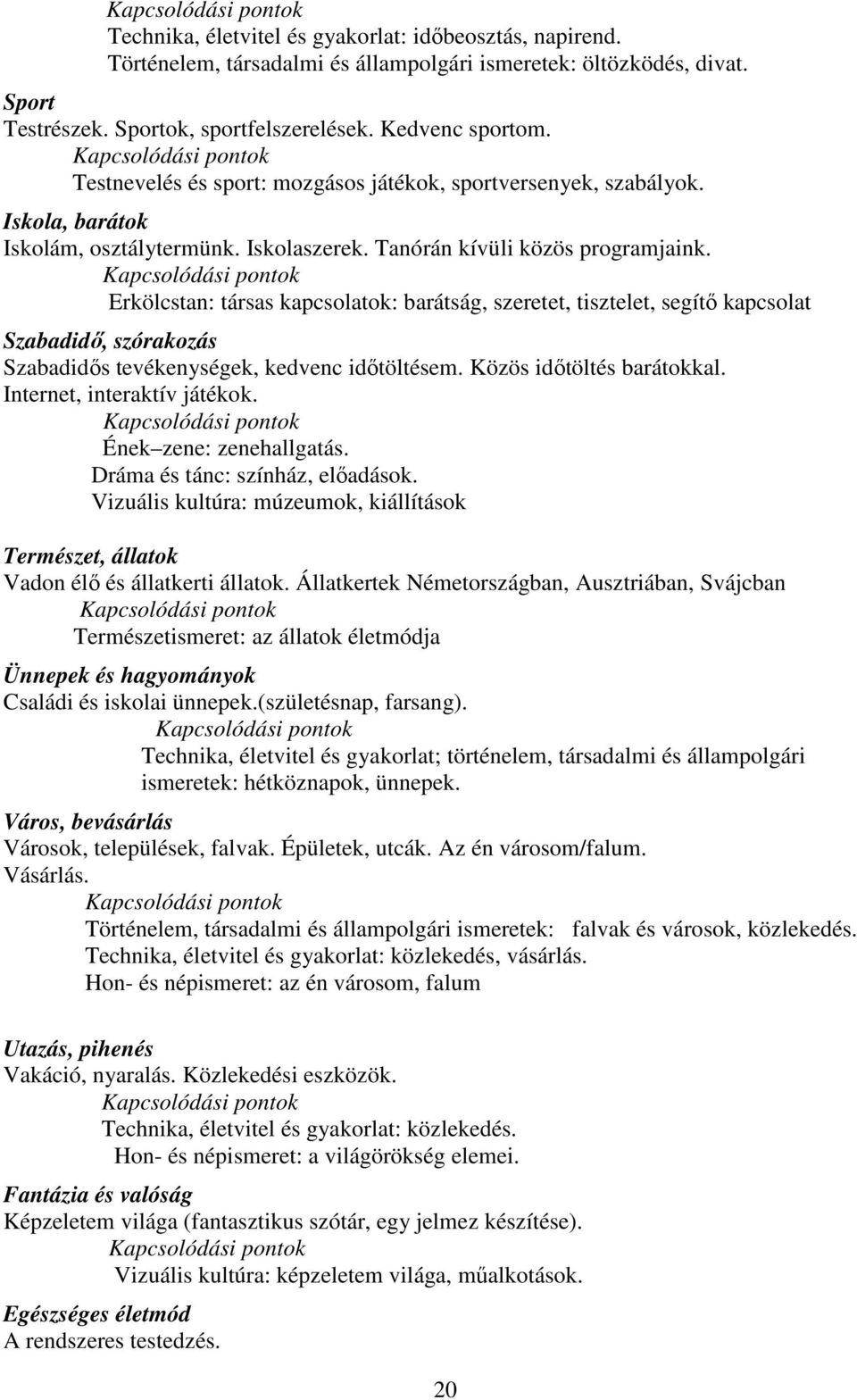 Kapcsolódási pontok Erkölcstan: társas kapcsolatok: barátság, szeretet, tisztelet, segítő kapcsolat Szabadidő, szórakozás Szabadidős tevékenységek, kedvenc időtöltésem. Közös időtöltés barátokkal.