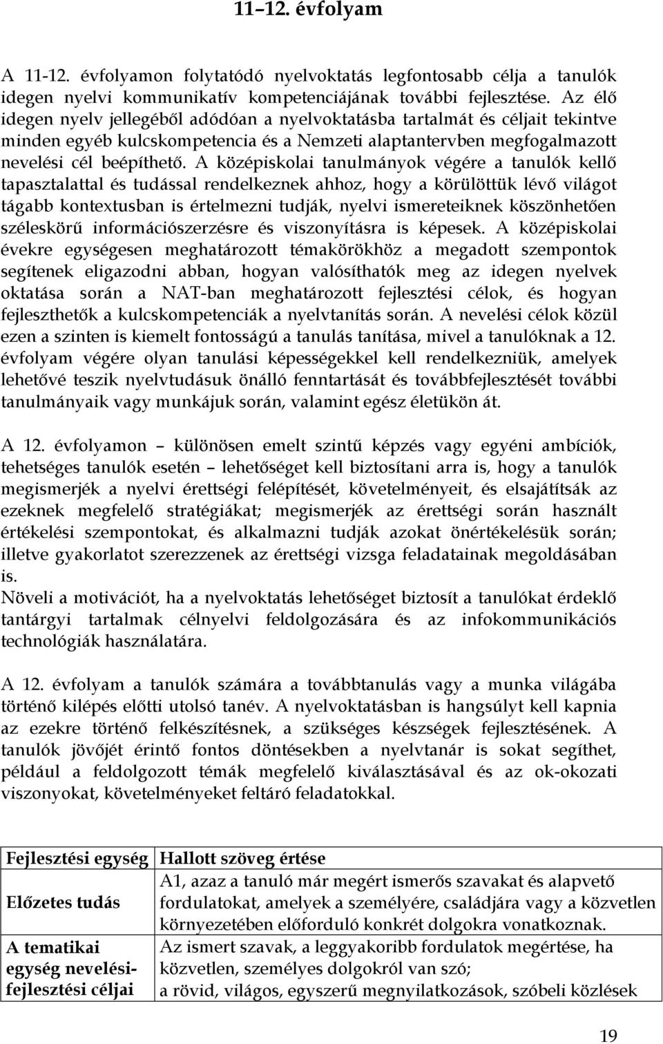 A középiskolai tanulmányok végére a tanulók kellő tapasztalattal és tudással rendelkeznek ahhoz, hogy a körülöttük lévő világot tágabb kontextusban is értelmezni tudják, nyelvi ismereteiknek