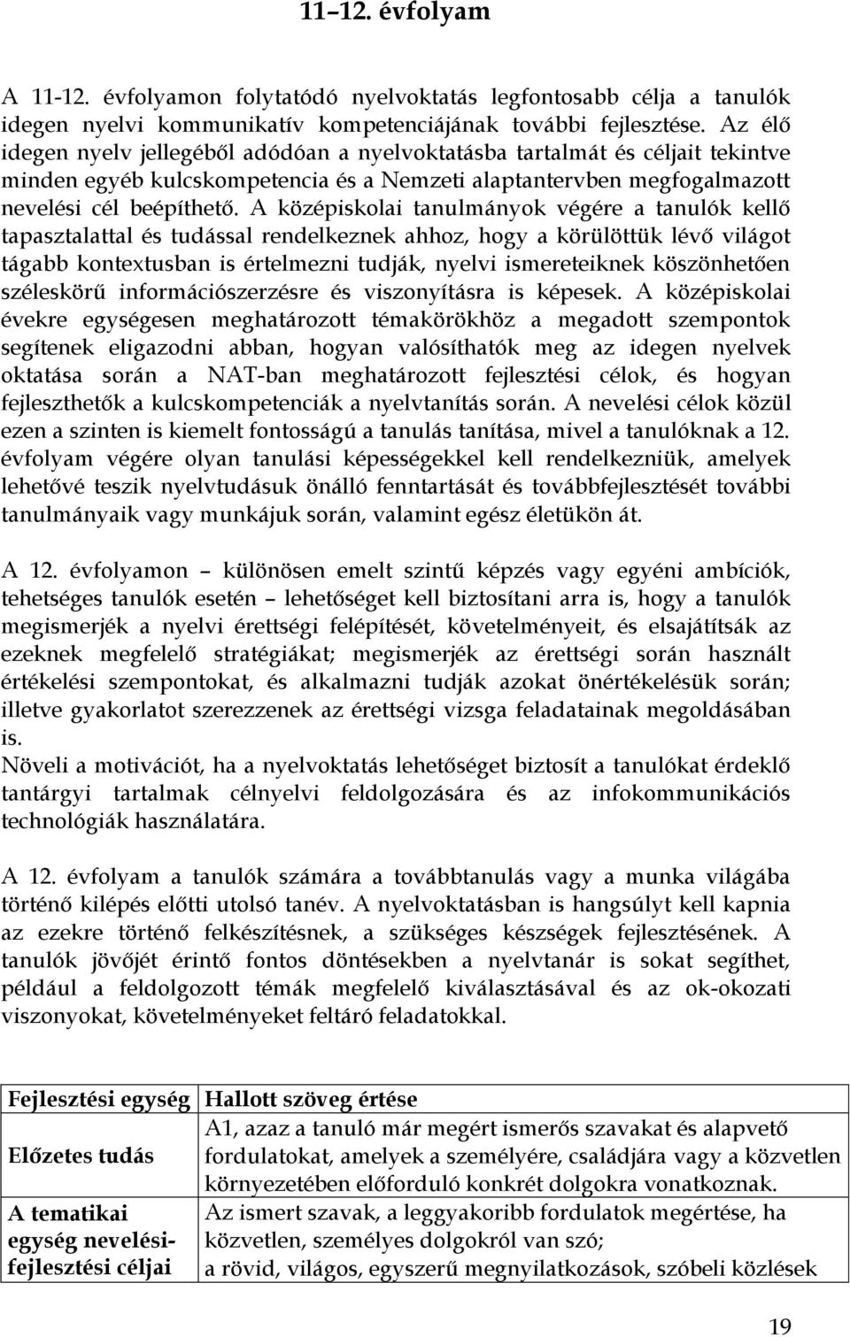 A középiskolai tanulmányok végére a tanulók kellő tapasztalattal és tudással rendelkeznek ahhoz, hogy a körülöttük lévő világot tágabb kontextusban is értelmezni tudják, nyelvi ismereteiknek