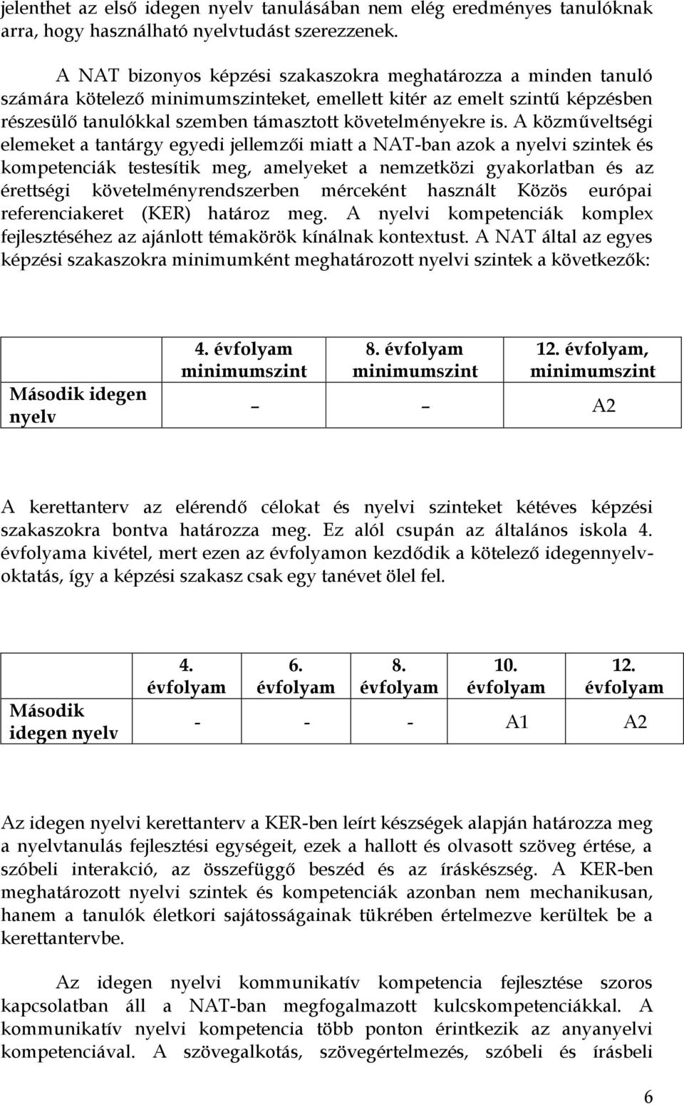 A közműveltségi elemeket a tantárgy egyedi jellemzői miatt a NAT-ban azok a nyelvi szintek és kompetenciák testesítik meg, amelyeket a nemzetközi gyakorlatban és az érettségi követelményrendszerben