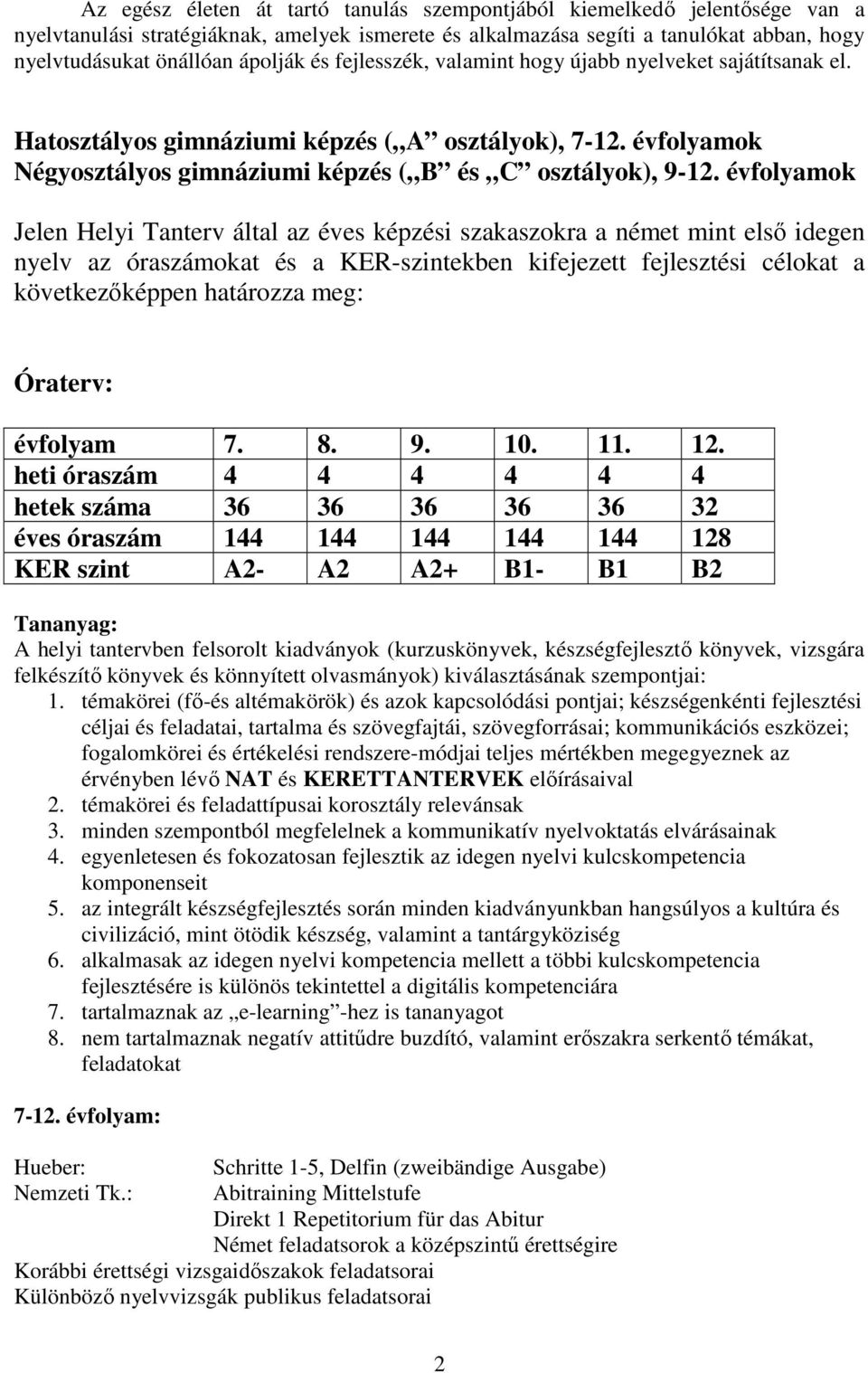 évfolyamok Jelen Helyi Tanterv által az éves képzési szakaszokra a német mint első idegen nyelv az óraszámokat és a KER-szintekben kifejezett fejlesztési célokat a következőképpen határozza meg: