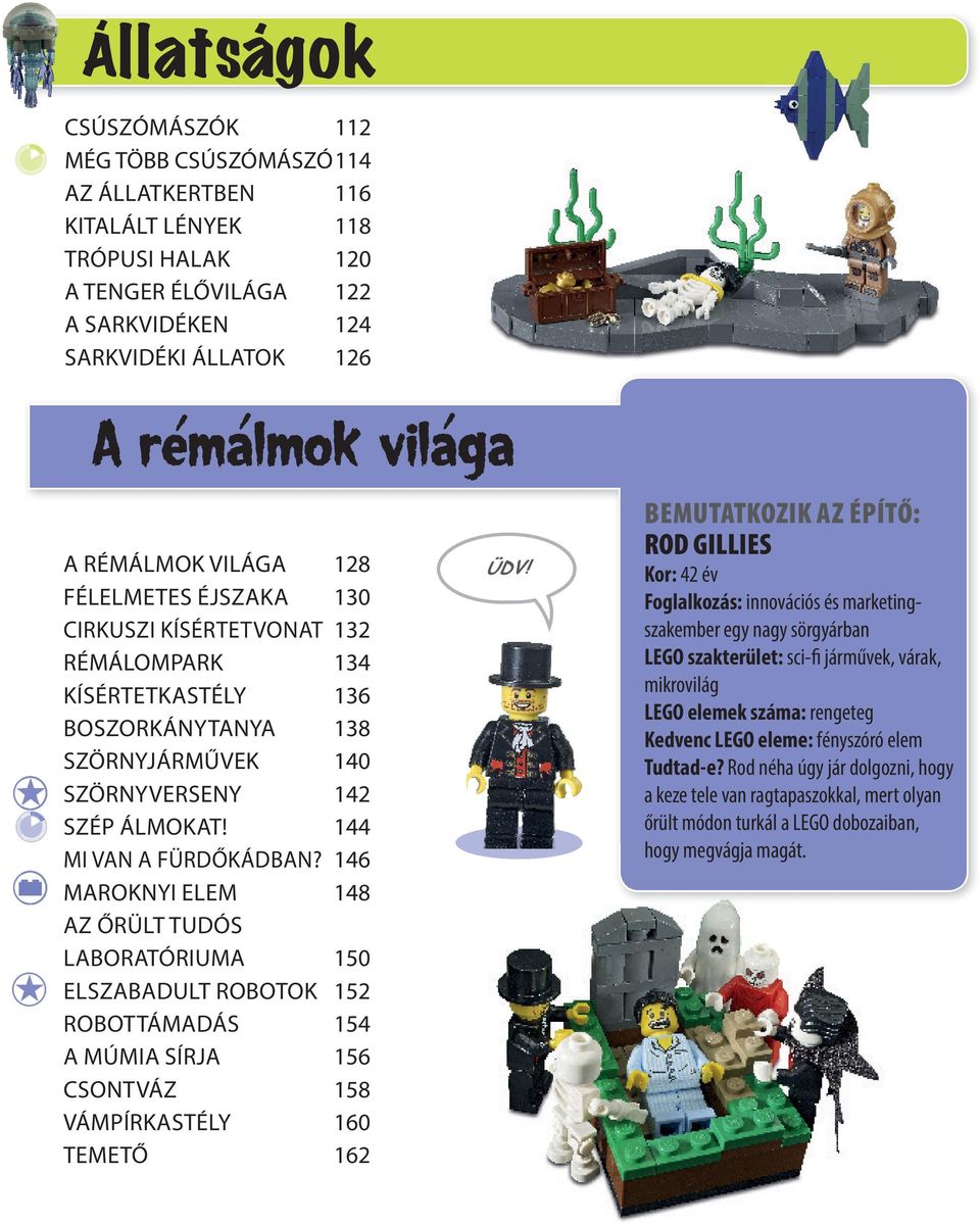 144 MI VAN A FÜRDŐKÁDBAN? 146 MAROKNYI ELEM 148 AZ ŐRÜLT TUDÓS LABORATÓRIUMA 150 ELSZABADULT ROBOTOK 152 ROBOTTÁMADÁS 154 A MÚMIA SÍRJA 156 CSONTVÁZ 158 VÁMPÍRKASTÉLY 160 TEMETŐ 162 ÜDV!