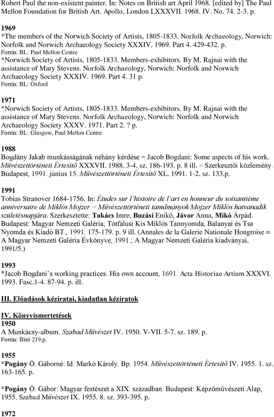 Rajnai with the assistance of Mary Stevens. Norfolk Archaeology, Norwich: Norfolk and Norwich Archaeology Society XXXIV. 1969. Part 4. 31 p. : Oxford 1971 *Norwich Society of Artists, 1805-1833.