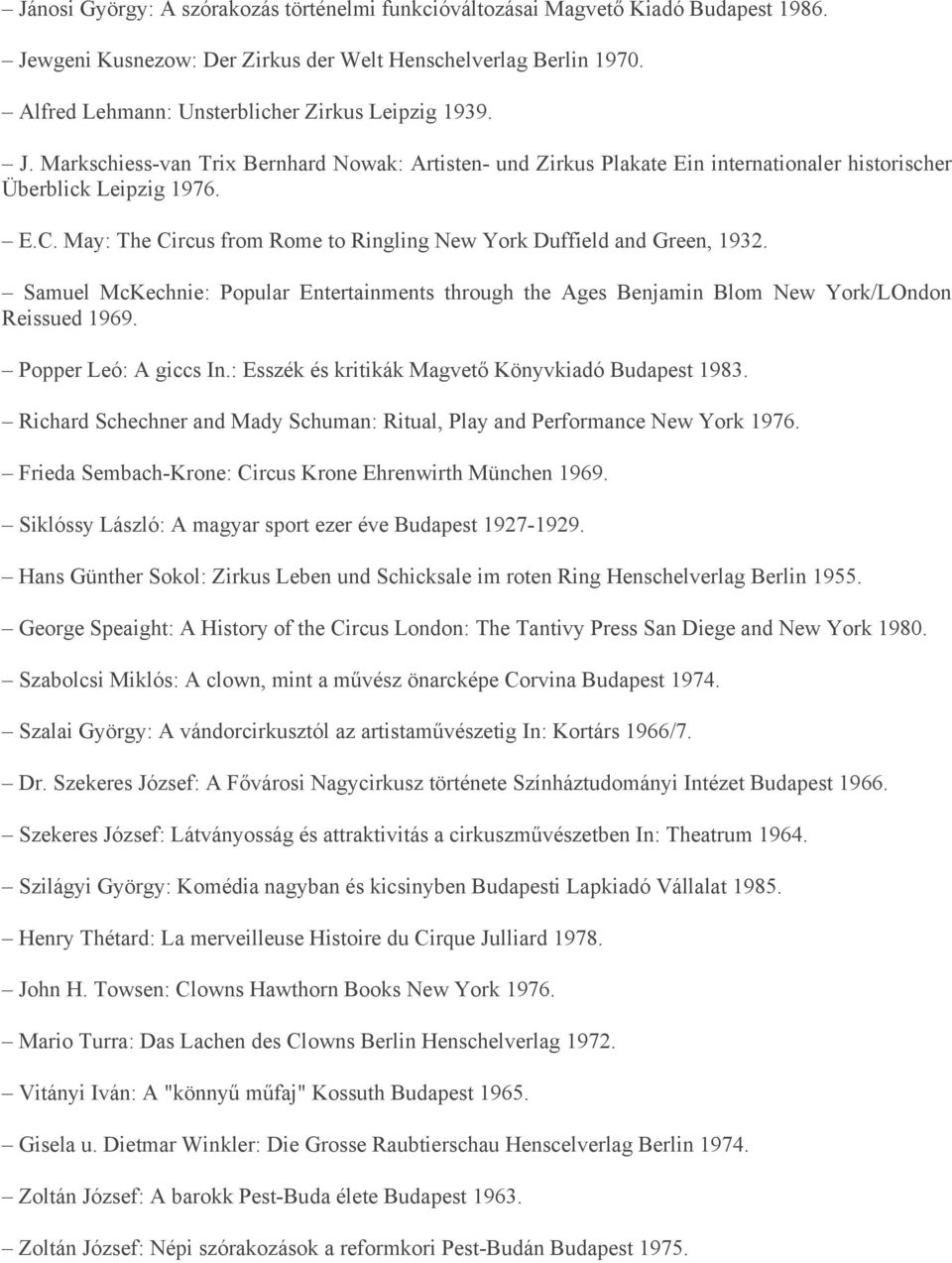 May: The Circus from Rome to Ringling New York Duffield and Green, 1932. Samuel McKechnie: Popular Entertainments through the Ages Benjamin Blom New York/LOndon Reissued 1969. Popper Leó: A giccs In.