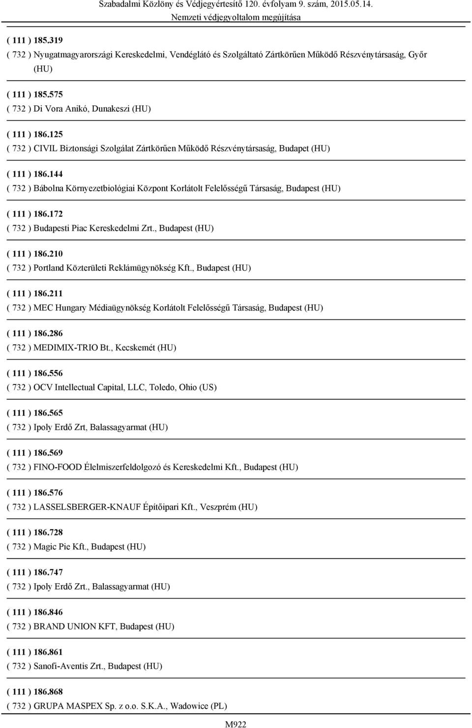 144 ( 732 ) Bábolna Környezetbiológiai Központ Korlátolt Felelősségű Társaság, Budapest (HU) ( 111 ) 186.172 ( 732 ) Budapesti Piac Kereskedelmi Zrt., Budapest (HU) ( 111 ) 186.210 ( 732 ) Portland Közterületi Reklámügynökség Kft.