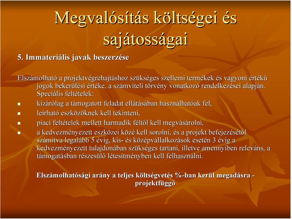 Speciális feltételek: kizárólag a támogatott feladat ellátásában használhatóak fel, leírható eszközöknek kell tekinteni, piaci feltételek mellett harmadik féltől kell megvásárolni, a