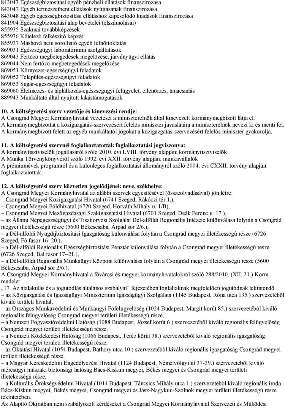 Egészségügyi laboratóriumi szolgáltatások 869043 Fertõzõ megbetegedések megelõzése, járványügyi ellátás 869044 Nem fertõzõ megbetegedések megelõzése 869051 Környezet-egészségügyi feladatok 869052