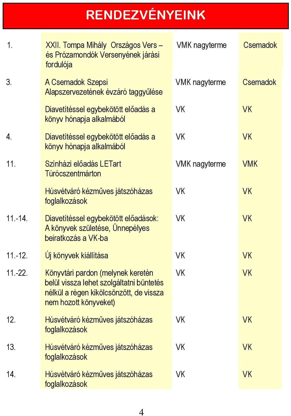 Diavetítéssel egybekötött előadások: A könyvek születése, Ünnepélyes beiratkozás a -ba nagyterme nagyterme nagyterme Csemadok Csemadok 11.-12. Új könyvek kiállítása 11.-22.