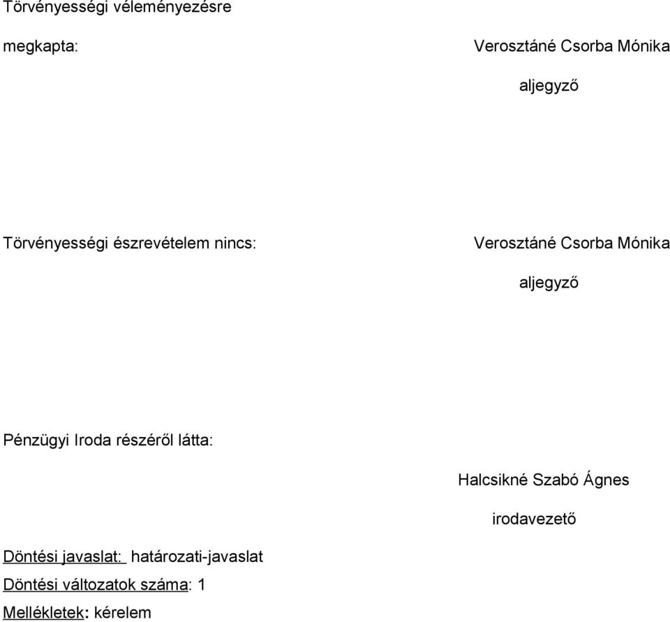 Pénzügyi Iroda részéről látta: Halcsikné Szabó Ágnes irodavezető Döntési