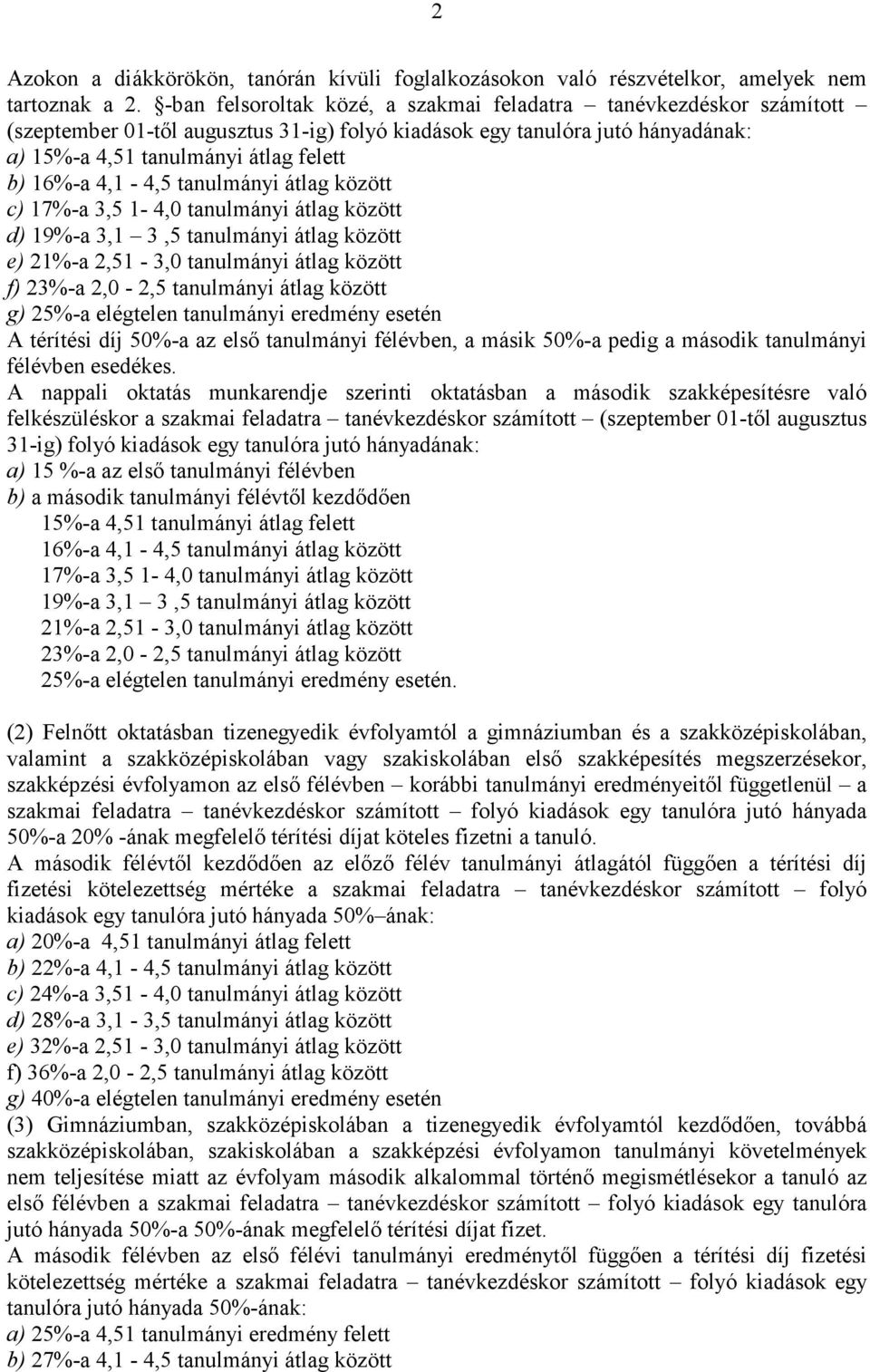 4,1-4,5 tanulmányi átlag között c) 17%-a 3,5 1-4,0 tanulmányi átlag között d) 19%-a 3,1 3,5 tanulmányi átlag között e) 21%-a 2,51-3,0 tanulmányi átlag között f) 23%-a 2,0-2,5 tanulmányi átlag között