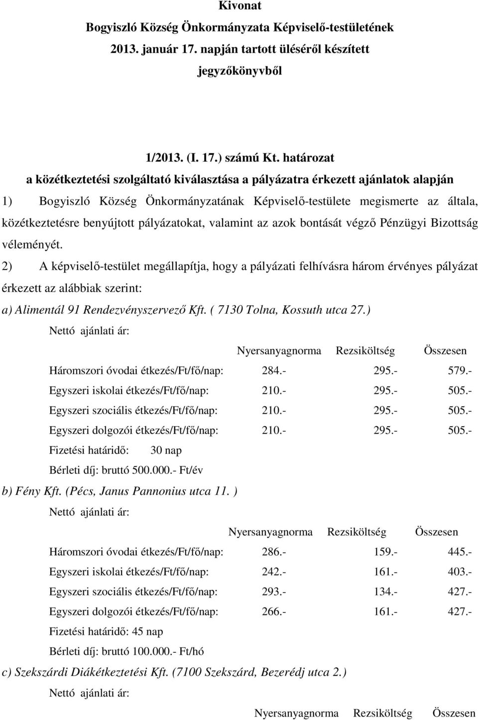 pályázatokat, valamint az azok bontását végző Pénzügyi Bizottság véleményét.