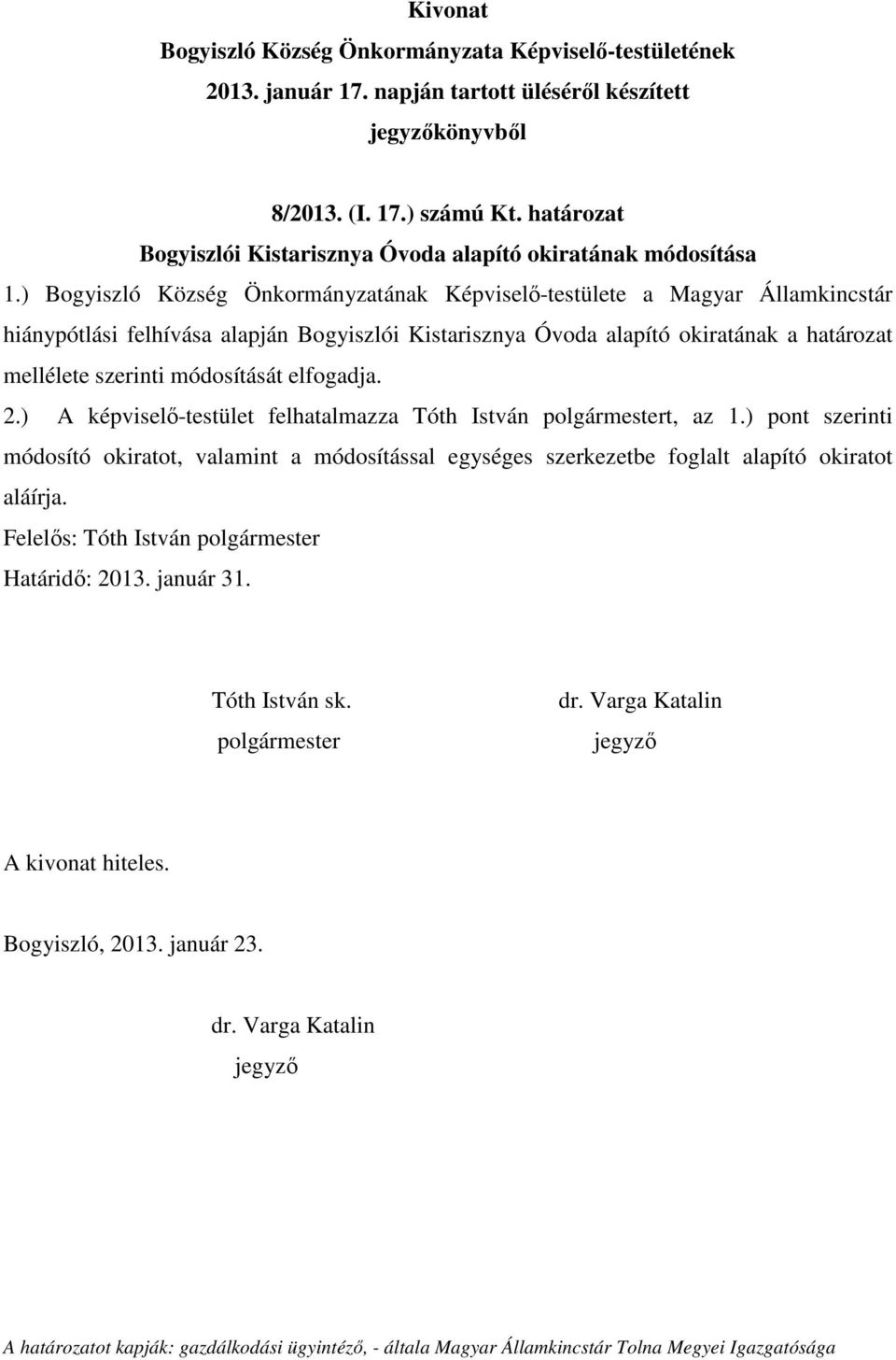 határozat mellélete szerinti módosítását elfogadja. 2.) A képviselő-testület felhatalmazza Tóth István t, az 1.