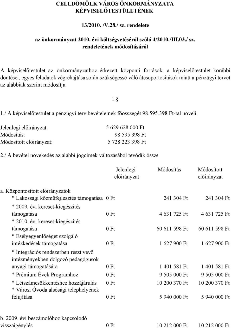 rendeletének módosításáról A képviselıtestület az önkormányzathoz érkezett központi források, a képviselıtestület korábbi döntései, egyes feladatok végrehajtása során szükségessé váló