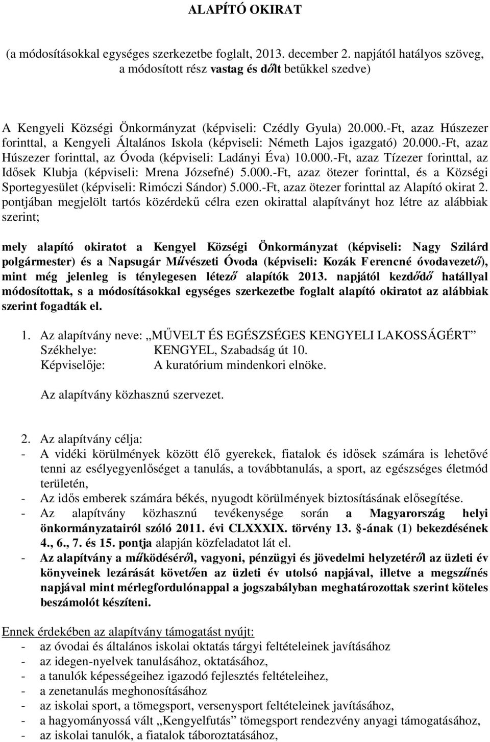 -Ft, azaz Húszezer forinttal, a Kengyeli Általános Iskola (képviseli: Németh Lajos igazgató) 20.000.-Ft, azaz Húszezer forinttal, az Óvoda (képviseli: Ladányi Éva) 10.000.-Ft, azaz Tízezer forinttal, az Idősek Klubja (képviseli: Mrena Józsefné) 5.