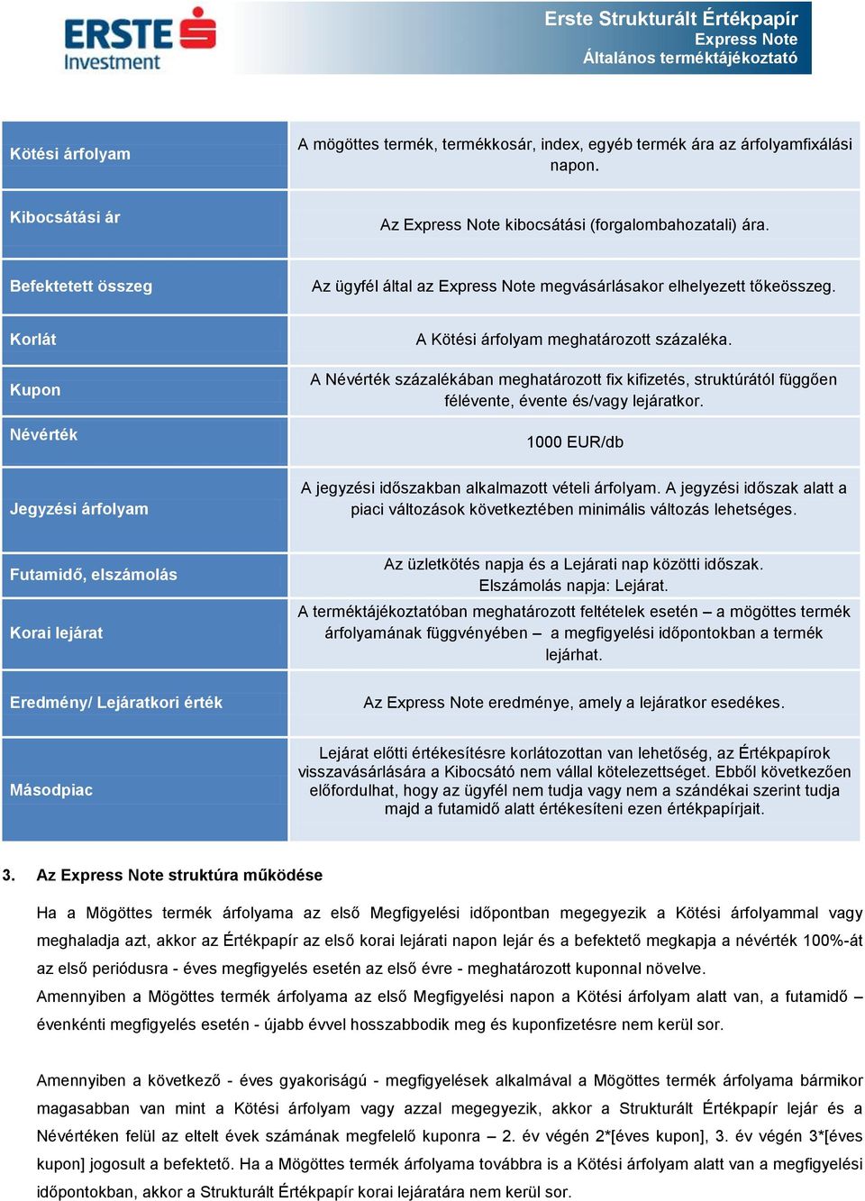 A Névérték százalékában meghatározott fix kifizetés, struktúrától függően félévente, évente és/vagy lejáratkor. 1000 EUR/db A jegyzési időszakban alkalmazott vételi árfolyam.