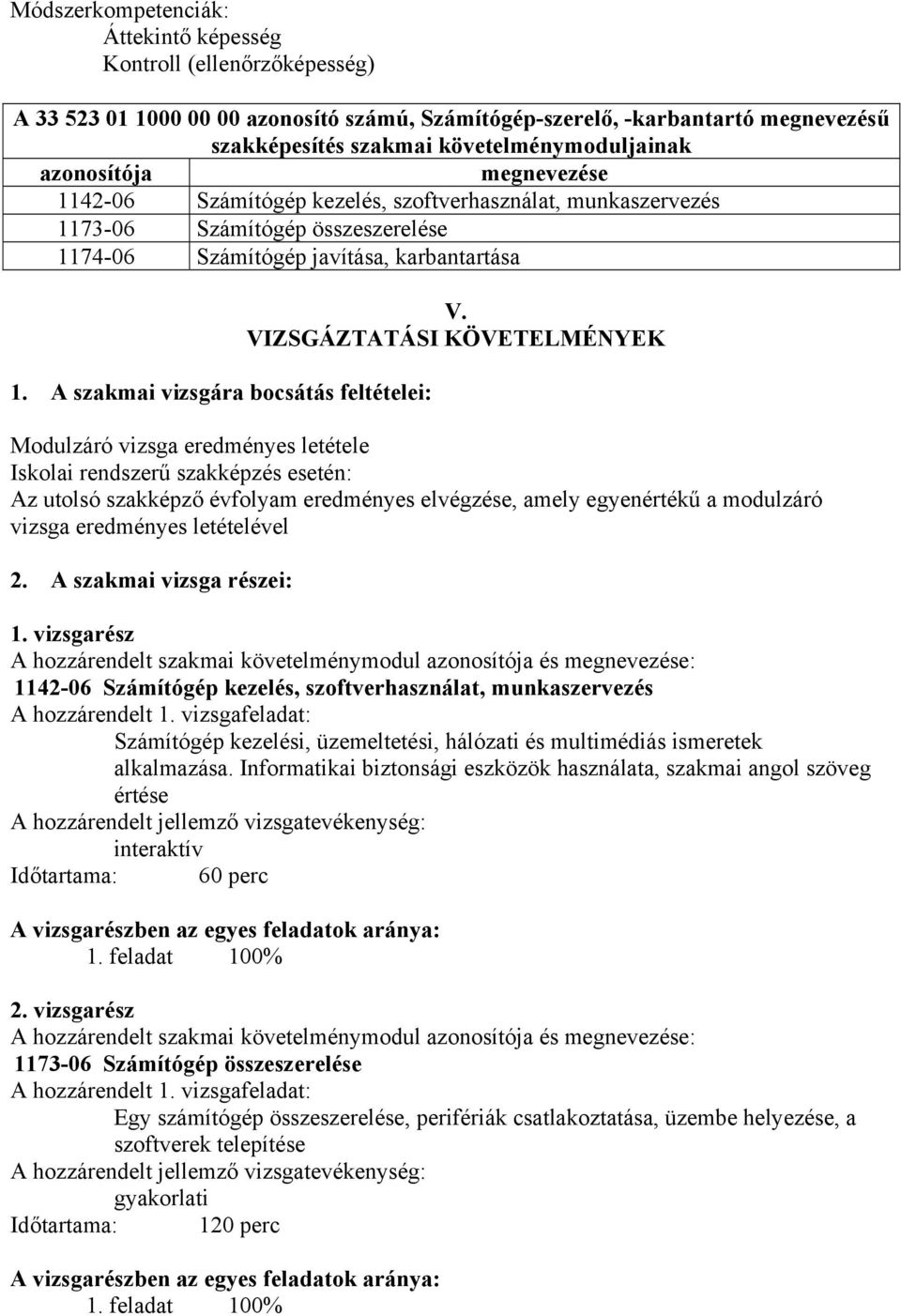A szakmai vizsgára bocsátás feltételei: V.