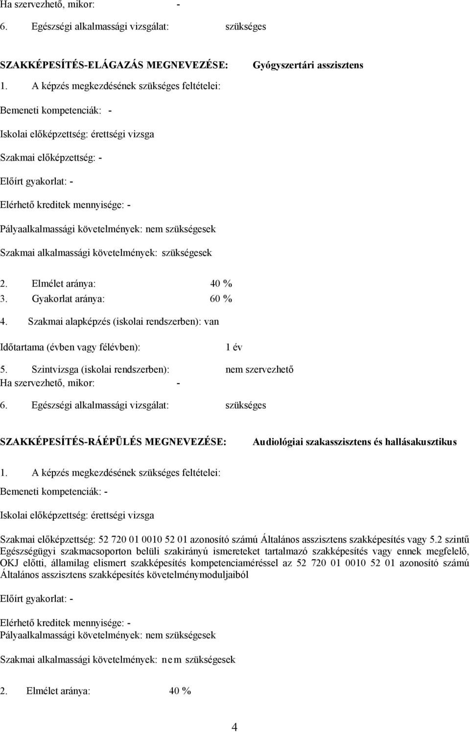 Pályaalkalmassági követelmények: nem szükségesek Szakmai alkalmassági követelmények: szükségesek 2. Elmélet aránya: 40 % 3. Gyakorlat aránya: 60 % 4.