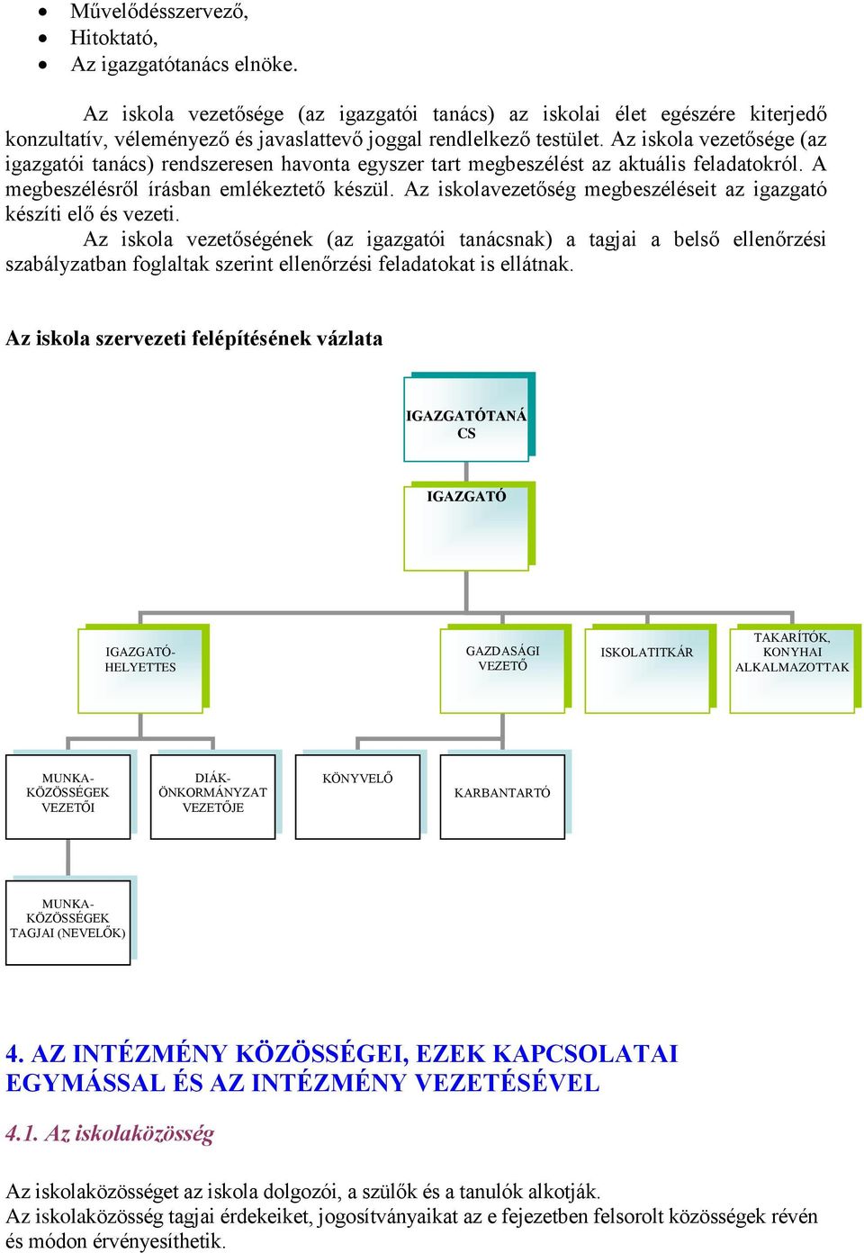 Az iskola vezetősége (az igazgatói tanács) rendszeresen havonta egyszer tart megbeszélést az aktuális feladatokról. A megbeszélésről írásban emlékeztető készül.