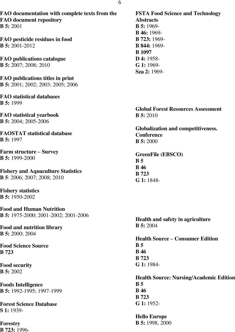 Aquaculture Statistics : 2006; 2007; 2008; 2010 Fishery statistics : 1950-2002 Food and Human Nutrition : 1975-2000; 2001-2002; 2001-2006 Food and nutrition library : 2000; 2004 Food Science Source
