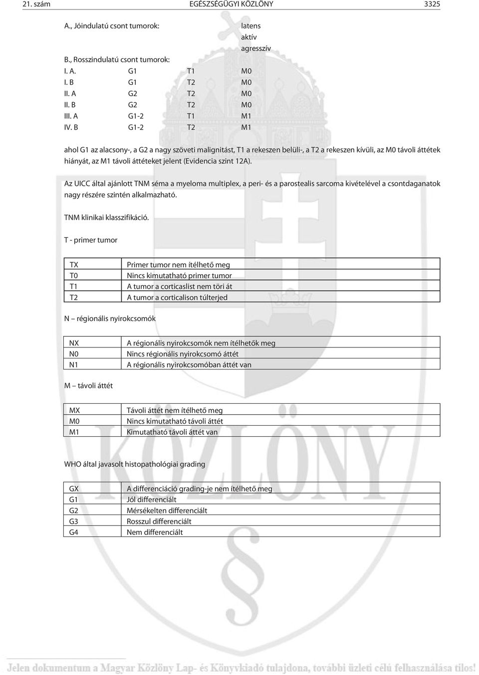 B G1-2 T2 M1 ahol G1 az alacsony-, a G2 a nagy szöveti malignitást, T1 a rekeszen belüli-, a T2 a rekeszen kívüli, az M0 távoli áttétek hiányát, az M1 távoli áttéteket jelent (Evidencia szint 12A).